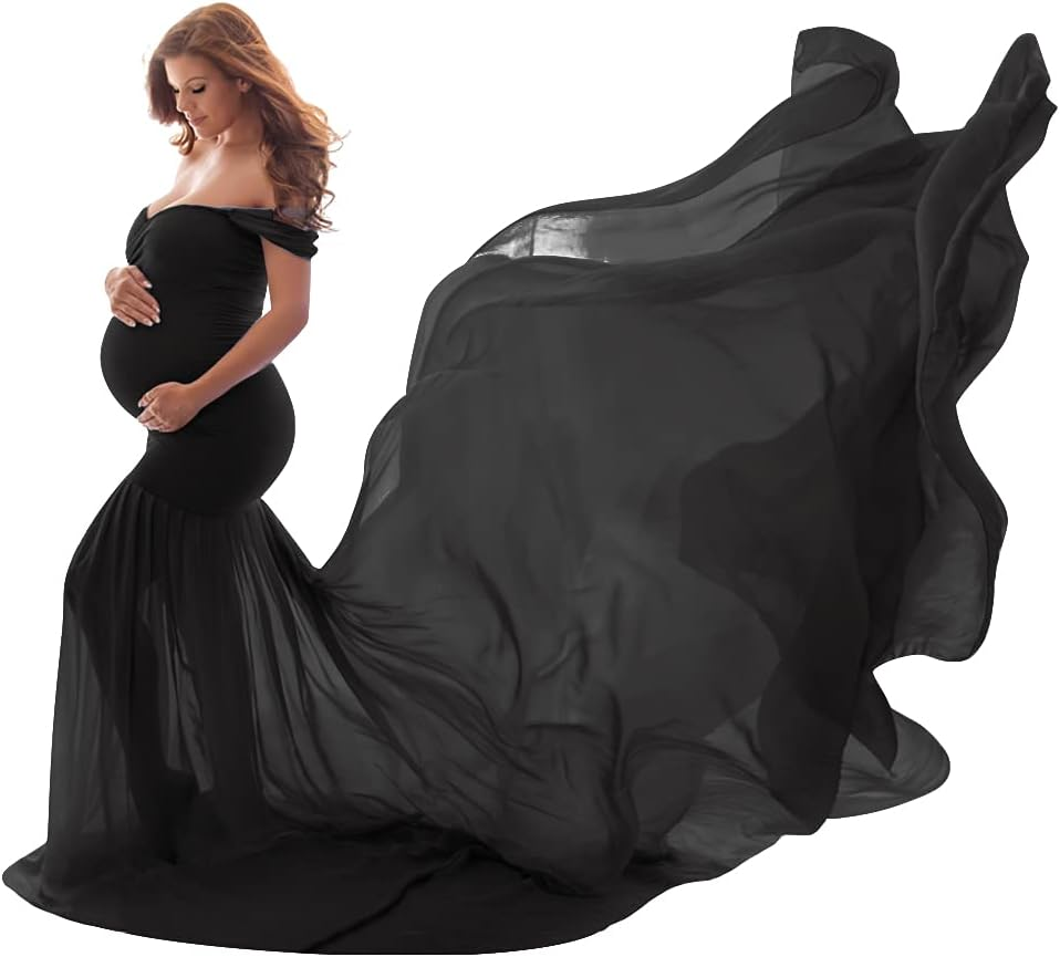 IWEMEK Women Maternity Dress for Photography Mermaid off Shoulder Slim Fitted Chiffon Gown Flowy Baby Shower Maxi Photo Props Dress