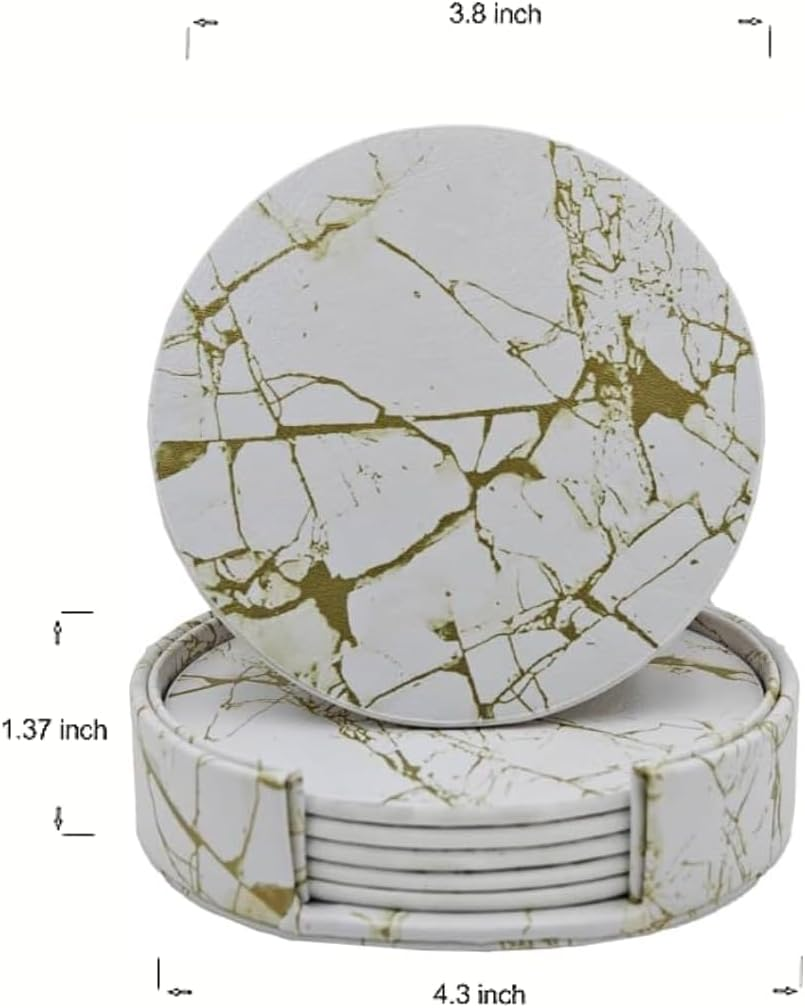 Vmila Leather Coasters for Drinks, 4" Drink Coasters Set of 6 with Holder for Tabletop Protection, Handmade Luxurious Home D&eacute;cor and Housewarming Gift (White Gold Marble Coaster) image number 3