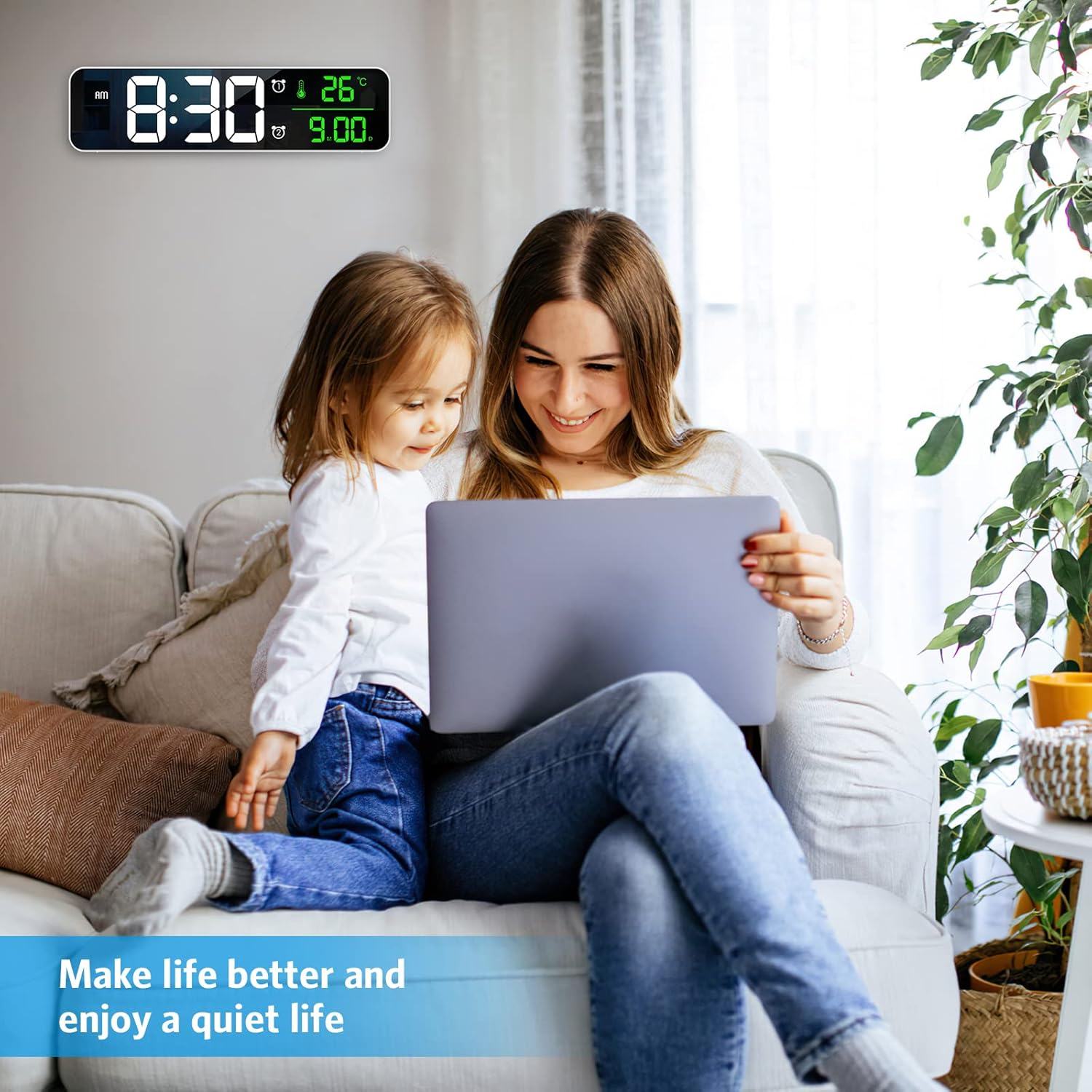 AMIR Digital Clock Large Display, Newest 10.5'' Digital Wall Clock for Living Room, Temp & Date Display Wall Electronic Clocks, LED Mirror Clock with 40 Music, 2 Alarm, 6 Brightness Dimmer, 4 Volume image number 5