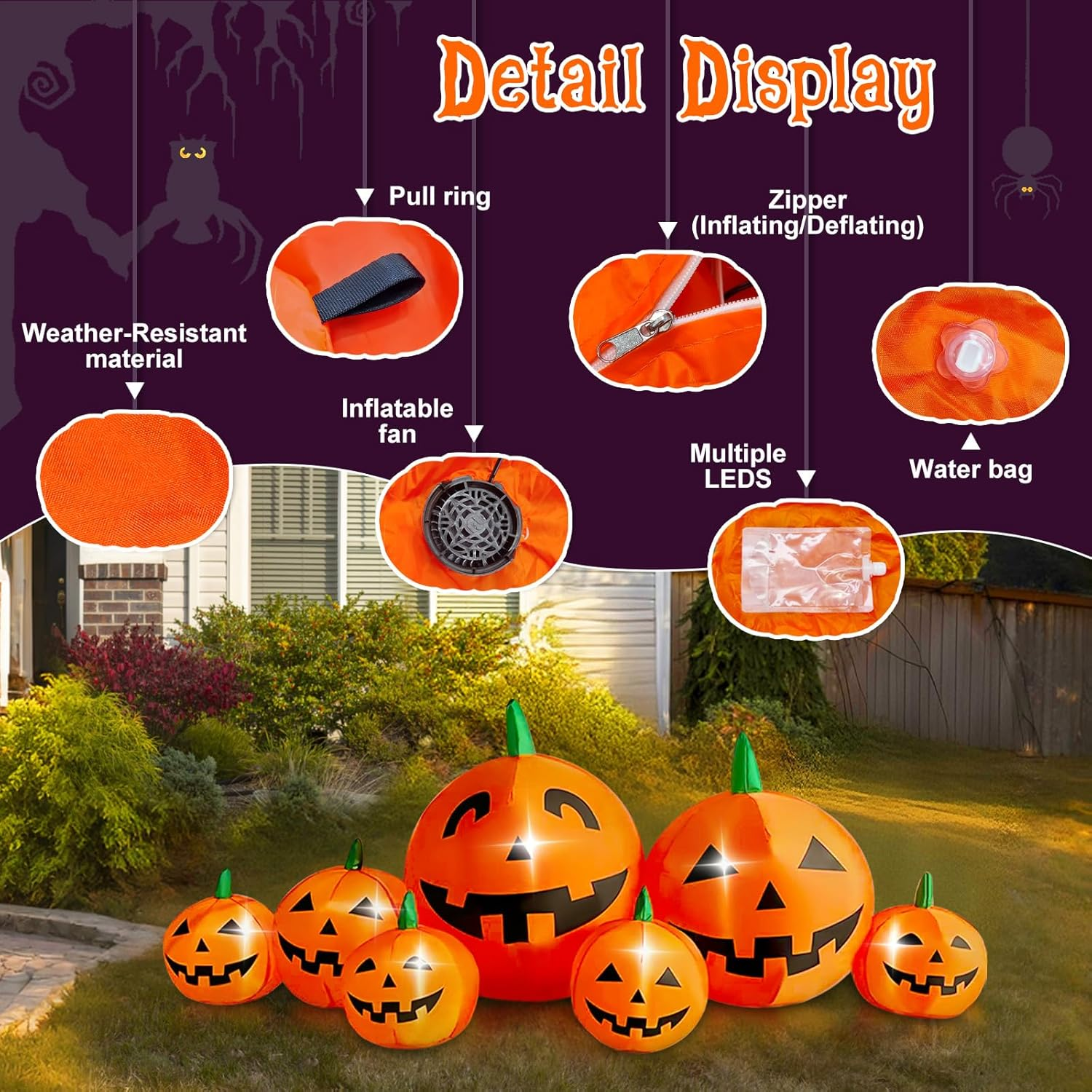 Oolong 8 Ft Halloween Inflatable Pumpkin Patch Family Decoration Jack-O-Lantern Decor for Lawn Yard Home Party Indoors Outdoors image number 6