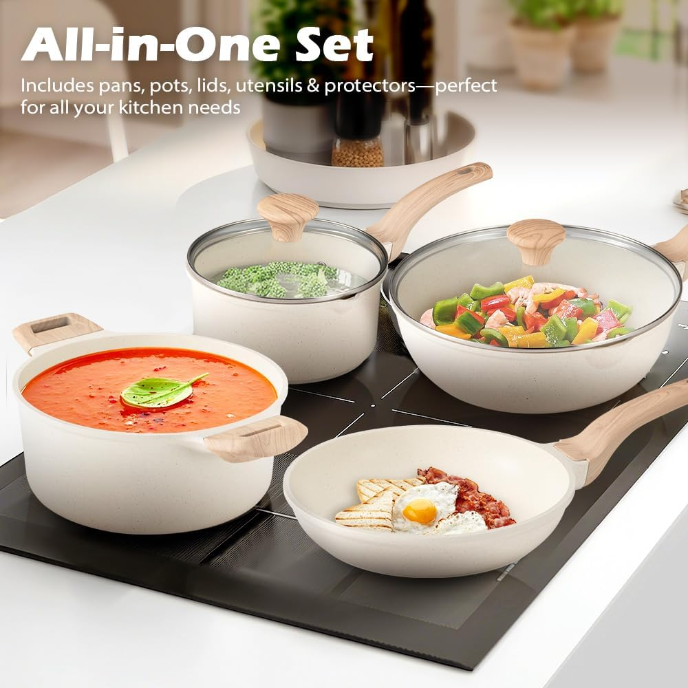 ZUNI 13Pcs Ceramic Cookware Sets, Nonstick Pots and Pans Set, Non-Toxic Kitchen Cooking Set with Frypan, Saucepan, Stockpot, Spatula & Spoon Tools and Pot Protectors, PFOA PFOS Free image number 1