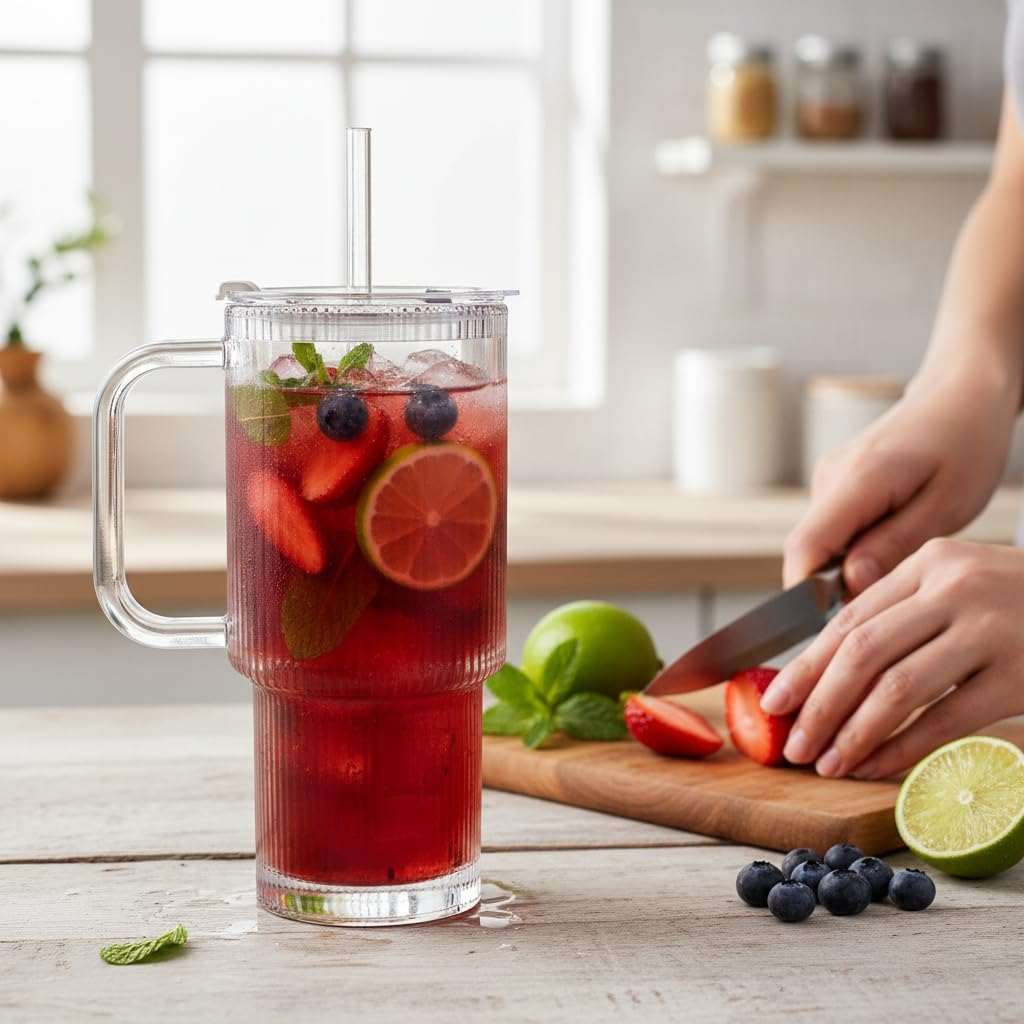 Sorlaarti Leakproof Glass Tumbler with Handle 500ML, 2 Pack Large Capacity Iced Coffee Cup, Clear Glass Cups with Lids and Straws Compatible for Travel, Home, Office, and Car image number 2