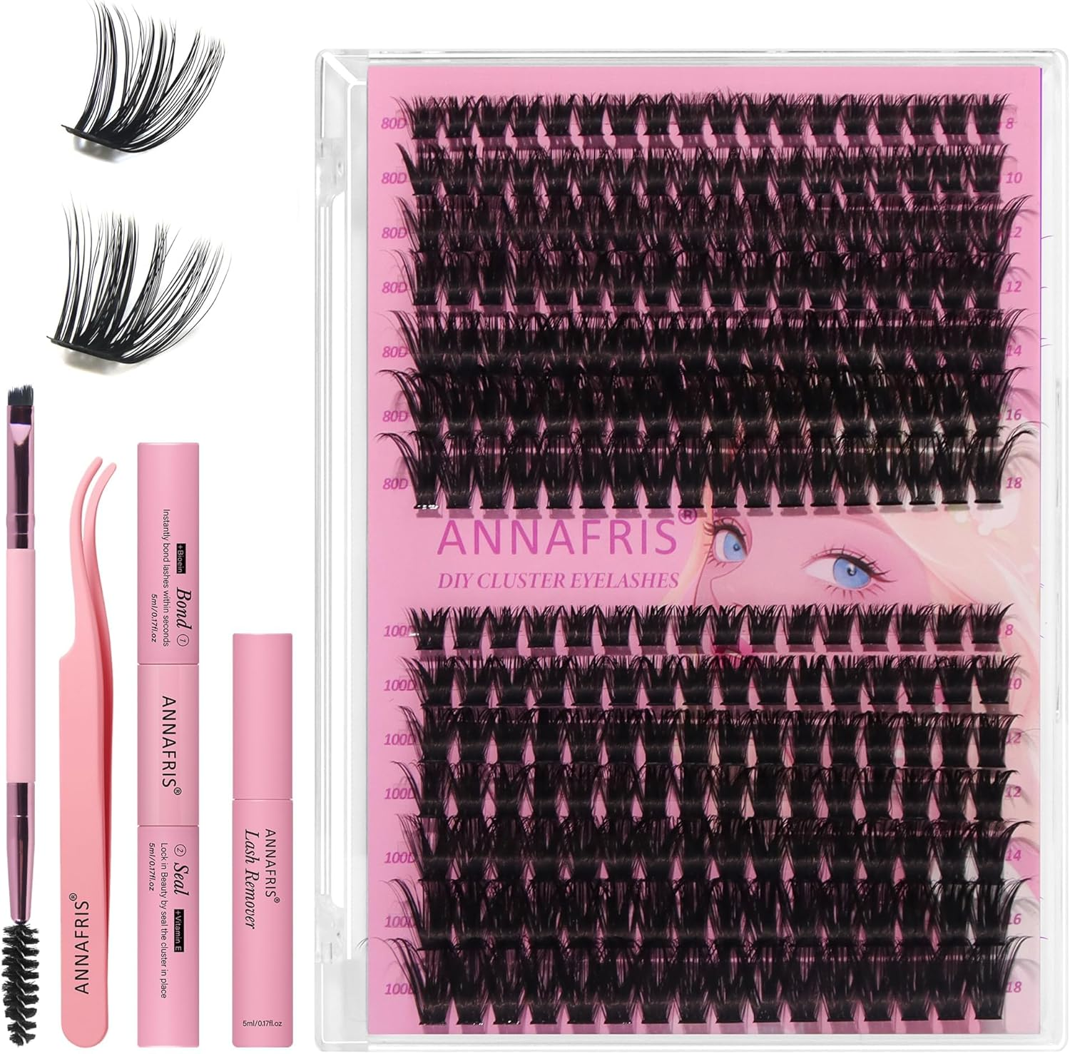 ANNAFRIS Lash Clusters, Individual Eyelash Extensions DIY, False Natural Cluster Lash (80+100D,Kit)