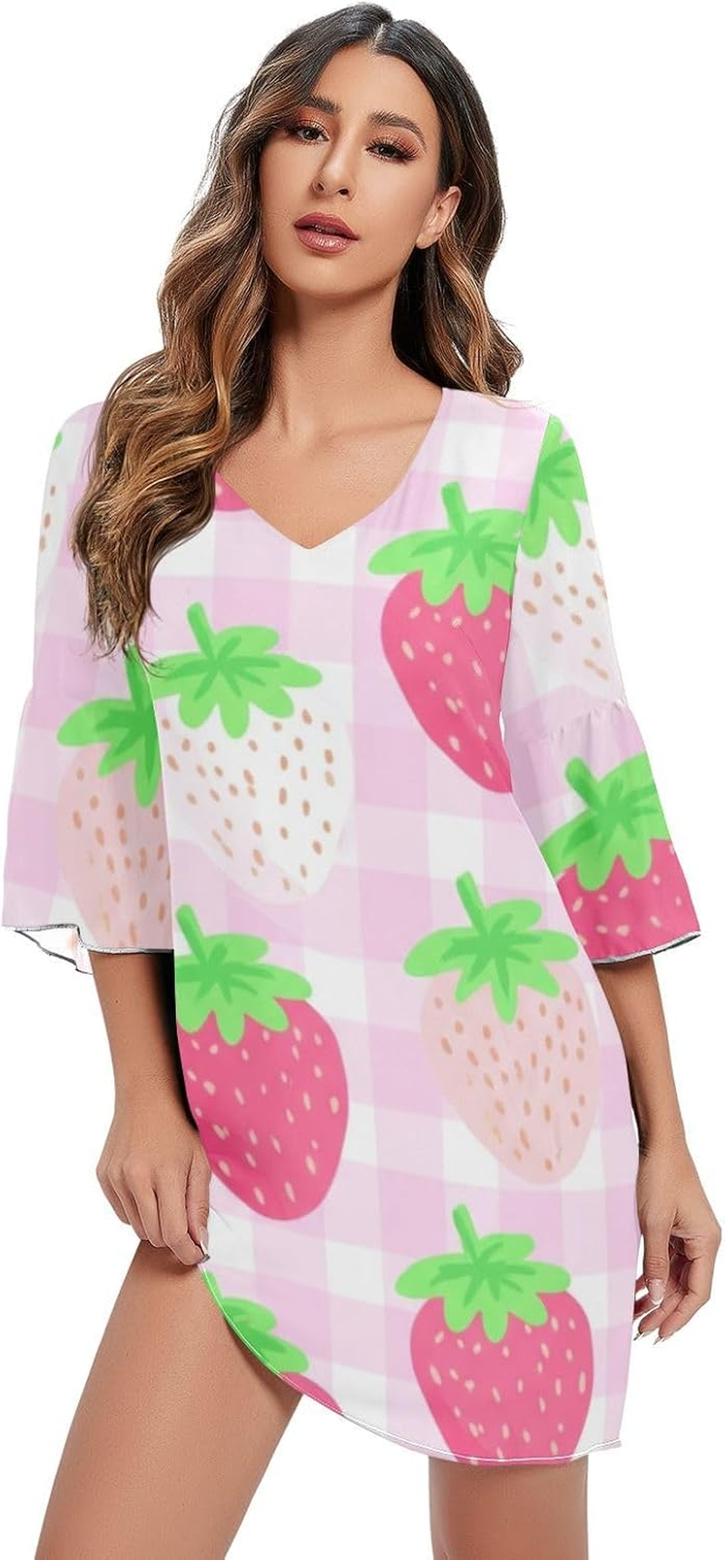 Cute Strawberries Pink V Line Dress 3/4 Sleeve Maternity Dress Party S-XXL image number 4