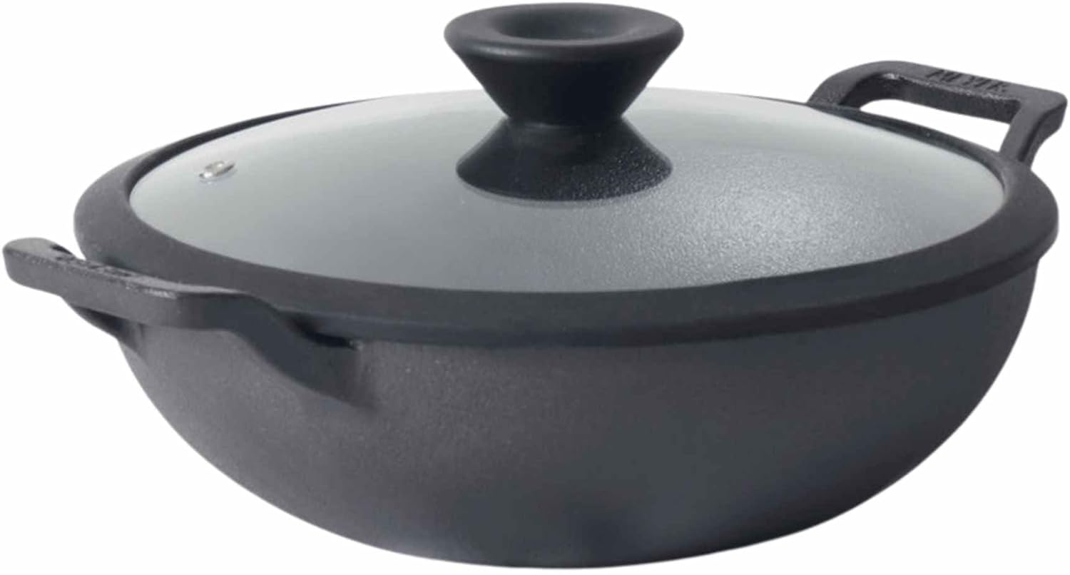 Meyer Pre-Seasoned Cast Iron Wok/Kadai 26Cm with Lid, Induction Compatible, Oven Safe, Heavy-Duty Skillet for Curries & Stir-Fries, Toxin-Free, Campfire Ready, Black