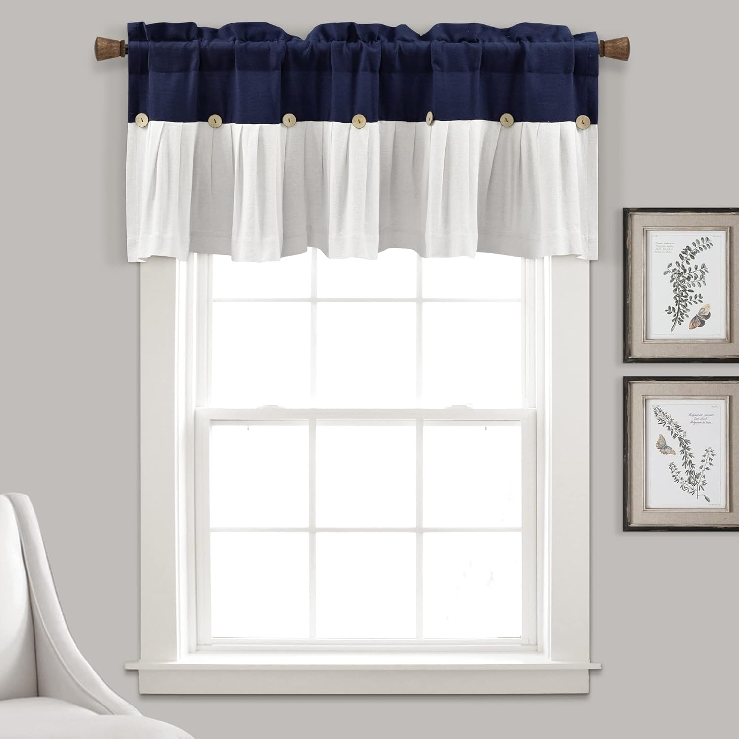 Lush Decor Linen Button Farmhouse Valance, 18" L X 52" W, Navy & White image number 3
