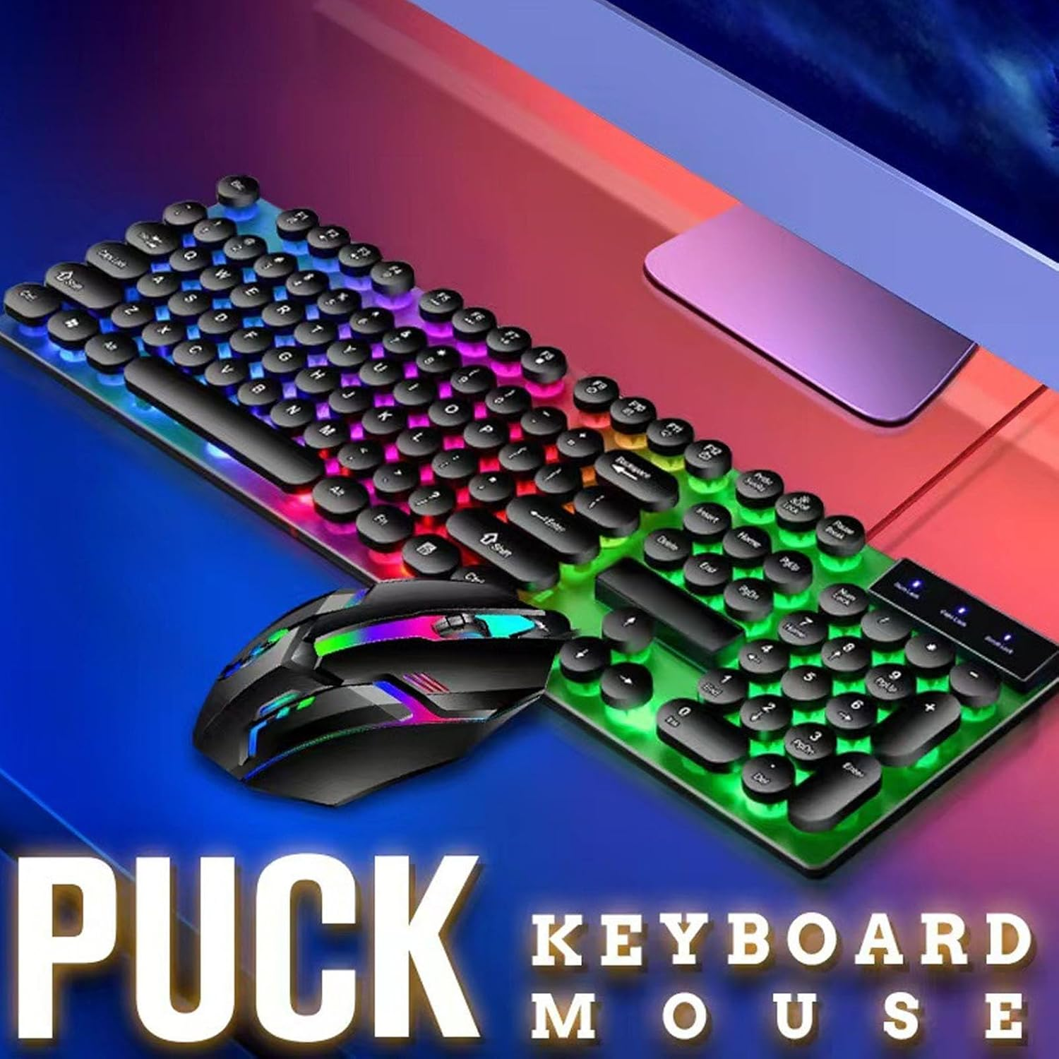 Wired Gaming Keyboard and Mouse Combo, LED Backlit anti Ghost Wired Keyboard Mouse, Retro Punk round Keycaps, 1600DPI Optical Mouse, USB Computer Keyboard for Winxp/7/8/10, OS X