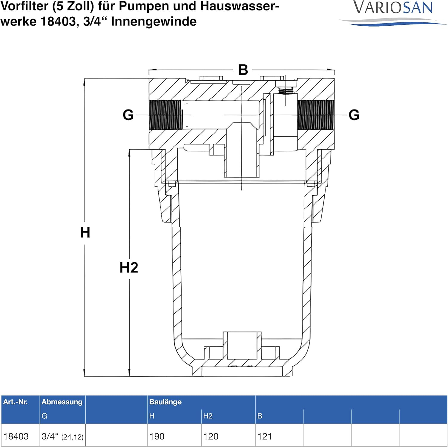 VARIOSAN 18403 Pre-Filter (5 Inch) for Pumps and Domestic Waterworks, 3/4 Inch Internal Thread, 8 Bar, 3,000 L/H Flow Rate, 0.06 Mm Mesh Size image number 4