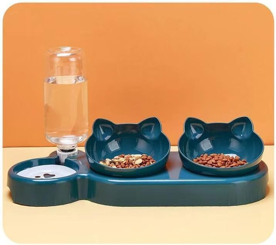 Triple Cat Bowls,15&deg;Tilt 3-In-1 Water Feeder Bowls Cat Double Food Bowls， Whisker Friendly Wet and Dry Cat Elevated Feeding Dishes for Small Cat and Puppy (Blue, One Size) image number 3