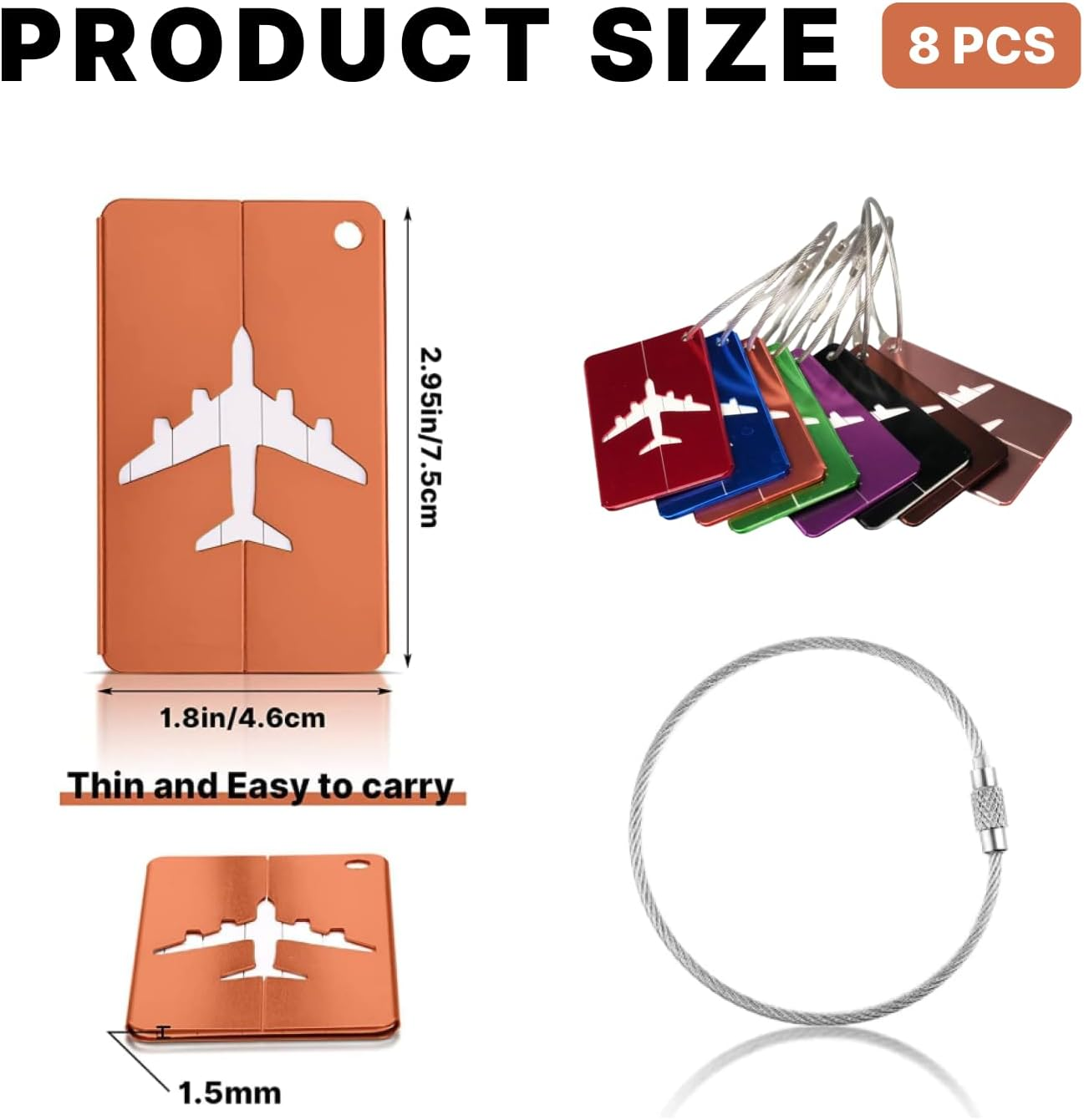 Fortuneglobe 8-Piece Aluminum Alloy Luggage ID Tags with Steel Wire Loops &ndash; Airplane-Themed Privacy Design for Suitcases, Bags & Travel Gear image number 4