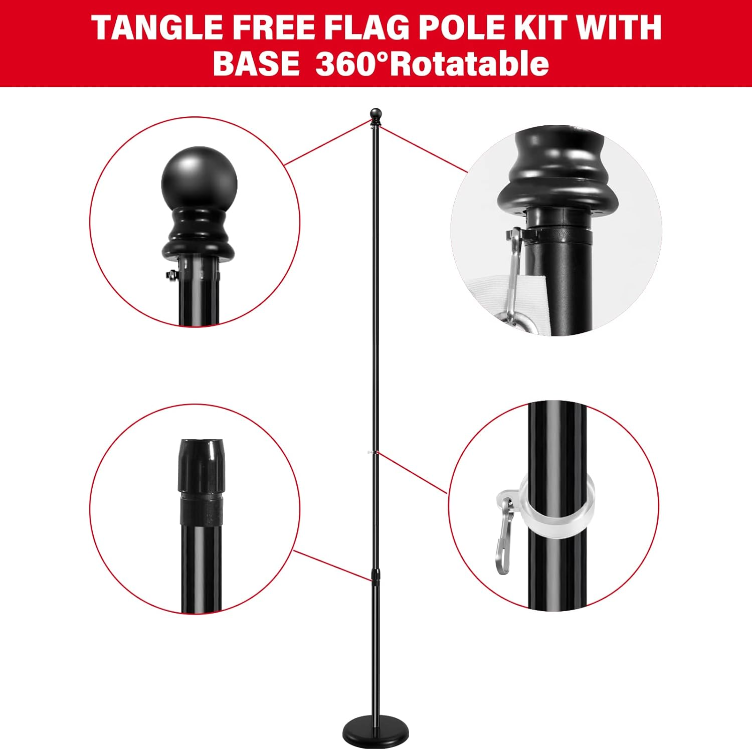 SENZHIYI Indoor Telescoping Flag Pole with Base 6Ft-8Ft,Aluminum Commercial Indoor Flagpole with Black Ball Top Finial,Heavy Duty Indoor Flag Pole Kit for Office School City Hall