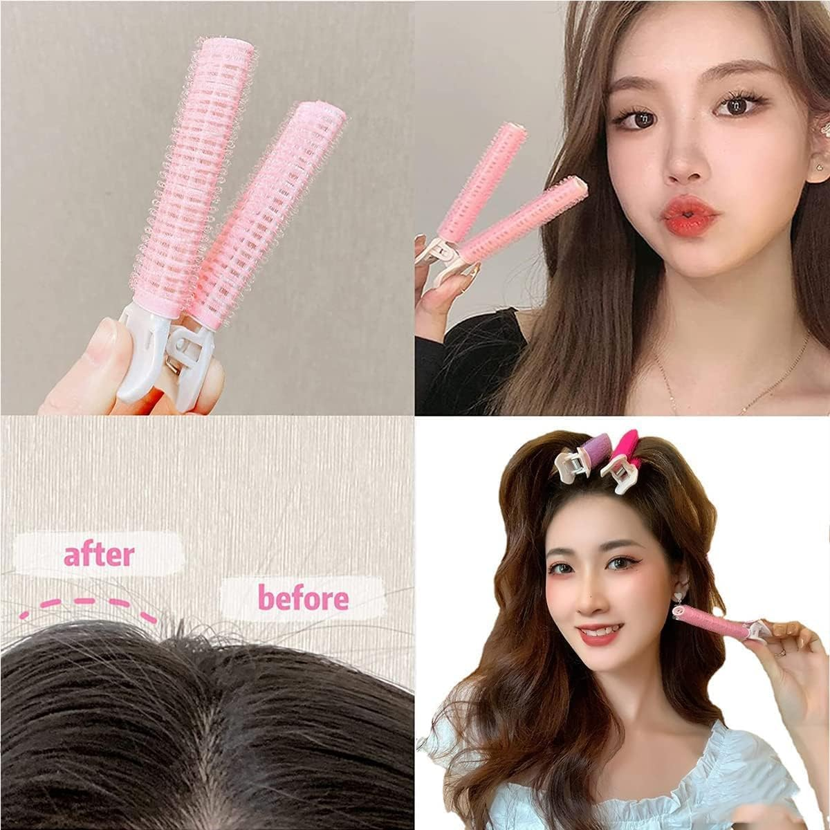 4 Pcs Pink Hair Rollers with Clip,Portable Hair Volume Clip,Volumizing Hair Root Clips,Bangs Curler DIY Hair,Styling Accessories,Self Grip Volume Hair Root,Hair Rollers,Styling Tools and Appliances image number 2