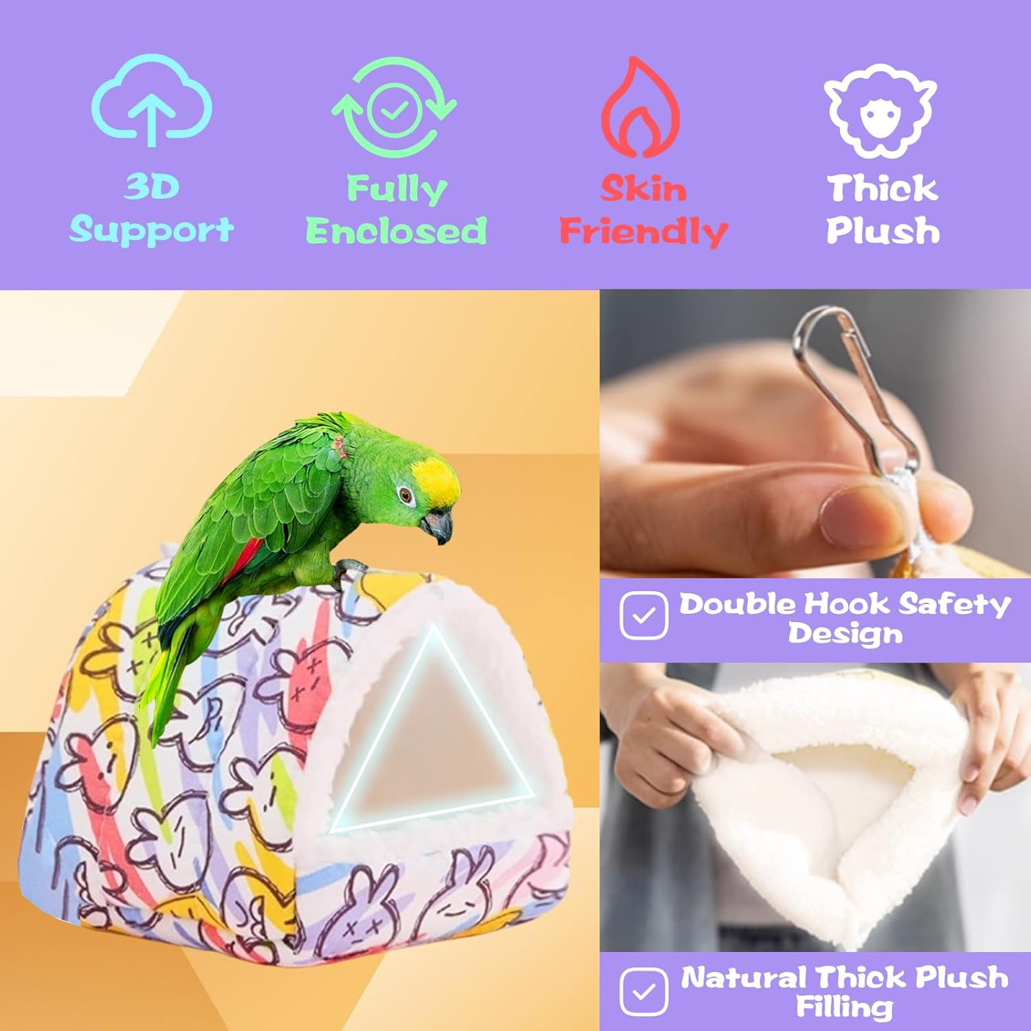 Plush Warm Bird Nest for Birds Cage Accessories,Skin Friendly Samll Animal House Hanging Hammock for Parrot Toy,Snuggle Bed House for Conures,Parakeet,African Grey,Budgies(Color Rabbit, S/Size) image number 2