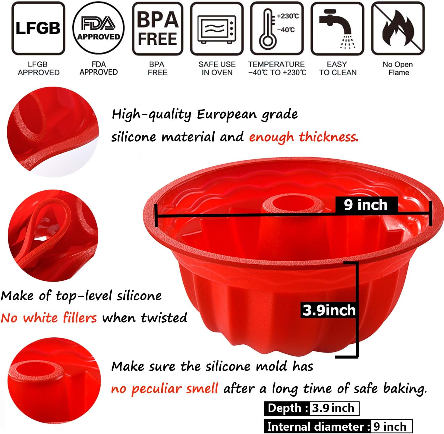 Aokinle Silicone Baking Molds, European Grade Fluted round Cake Pan, Non-Stick Ring Mold Cake Pan for Jello, Mousse,Cake,Gelatin,Bread, 9.45 Inches Tube Bakeware Red image number 1