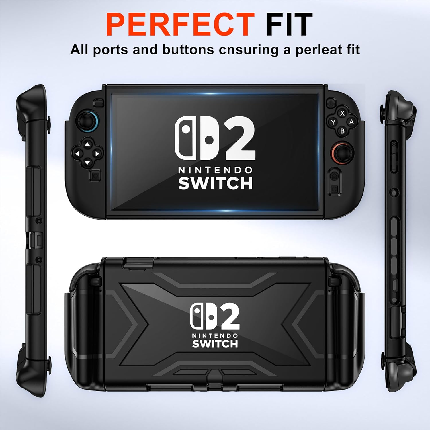 Protective Case for Nintendo Switch Lite, Full Protection Switch Lite Cover, TPU Shock-Absorption and Anti-Scratch for Nintendo Switch Lite Skin with Bult-In Screen Protector & Thumb Grip Caps, Black - Black image number 6