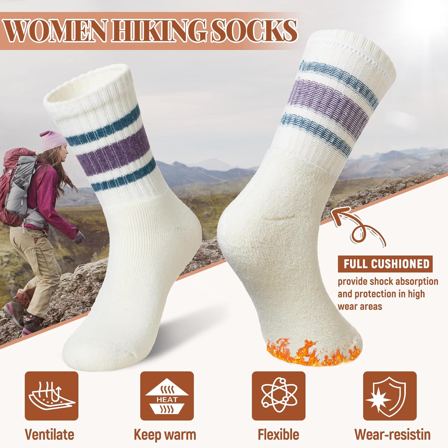 Merino Wool Socks for Women 5 Pairs Warm Winter Hiking Thick Thermal Cozy Boot Work Soft Ladies Crew Socks image number 5