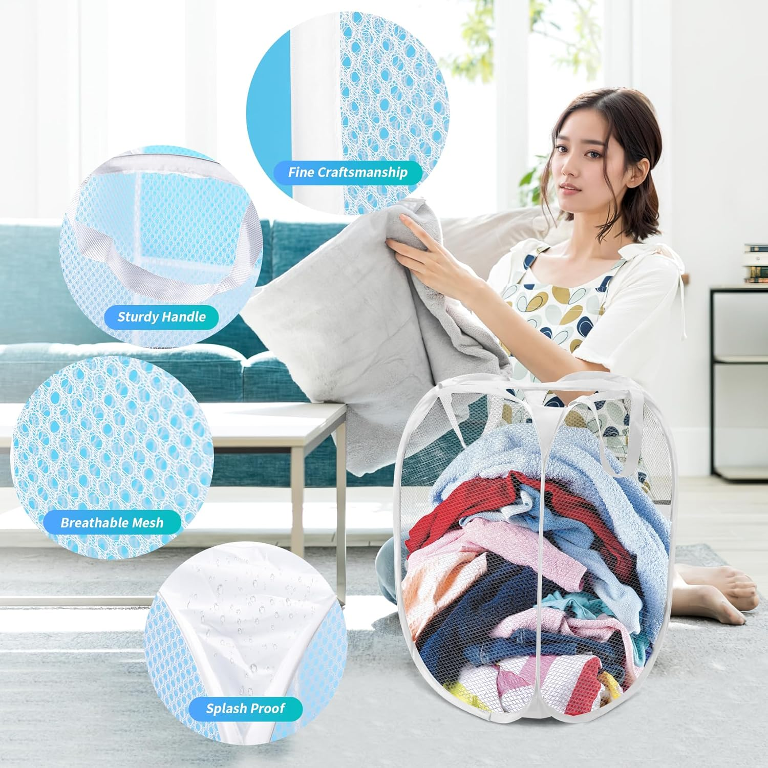 Annhua Collapsible Laundry Basket 75L Mesh Hamper with Handles, Portable Washing Bin with round Opening for Home, Travel & Bathroom - White image number 6