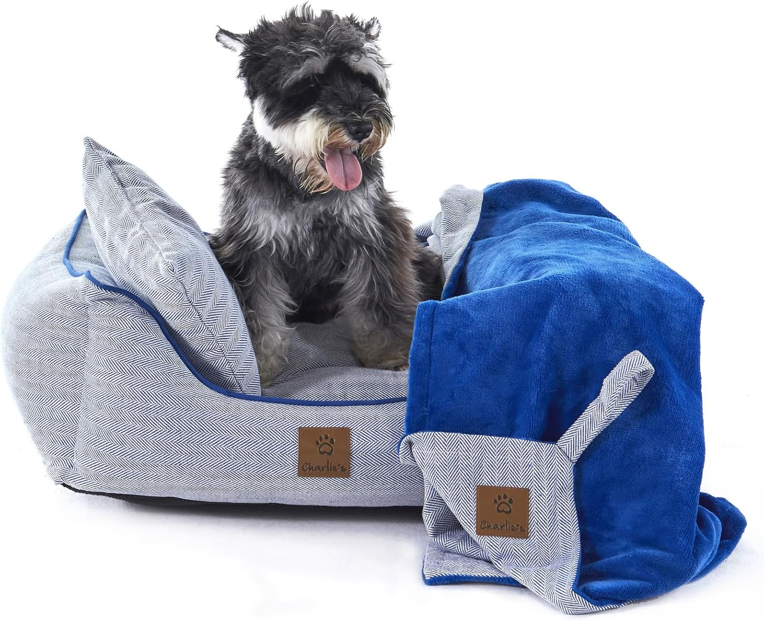 Charlie'S Hampton Herringbone Bolstered Walls & Low Front Wall 3-Piece Set with Bed, Pillow & Blanket 100% Recycled Polyester Filling Dog Bed Easy-To-Wash Removable Cover Blue - Small image number 4