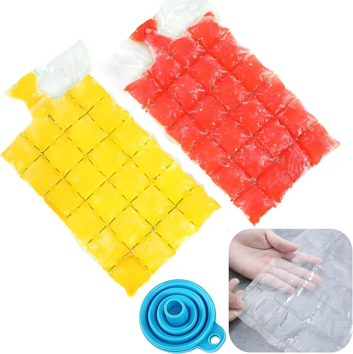Disposable Ice Cube Bags with Funnel,24 Grids Food-Grade PE Ice Mold for Beverages, Juices, Cocktails, Freezer Storage,50Pcs