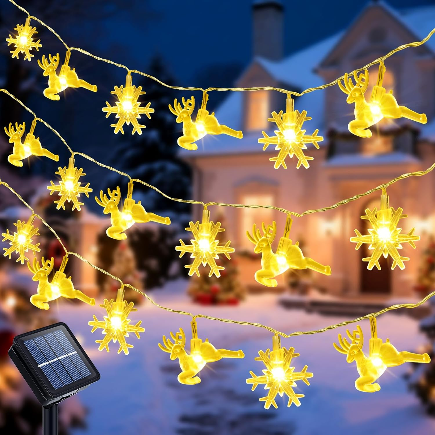 Qoosea Solar Snowflake Fairy Lights Christmas Outdoor, 7 M 50 LED Reindeer Solar Christmas Lighting IP65 Waterproof, 8 Modes Solar Lights, Christmas Decoration for Garden, Balcony, Wedding, Warm White image number 4