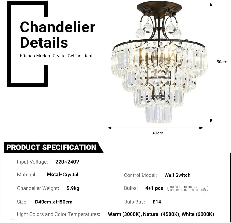 USOR Modern Crystal Ceiling Light D40Cm H50Cm Hanging Pendant Chandelier Staircase Lighting Flush Mount Ceiling Lighting Fixture for Dining Room Living Room Bedroom Entryway Stairwell Bulbs Included image number 5
