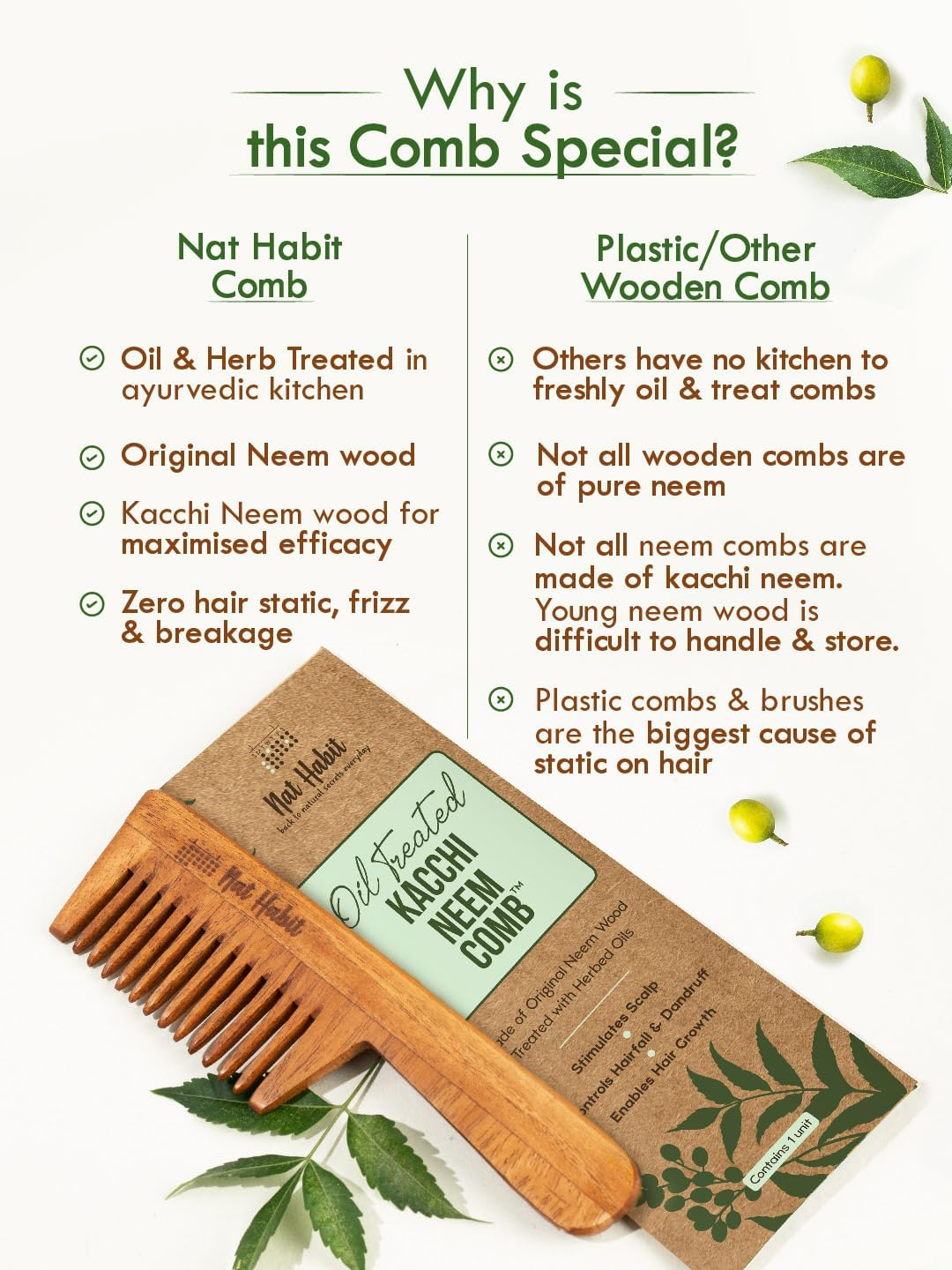 Nat Habit Wide Tooth Wooden Kacchi Neem Comb & Neem Bhringraj Dasabuti Hair Oil for Dry and Frizzy Hair, with Castor, Coconut & Amla - Combo Pack of 2 image number 1