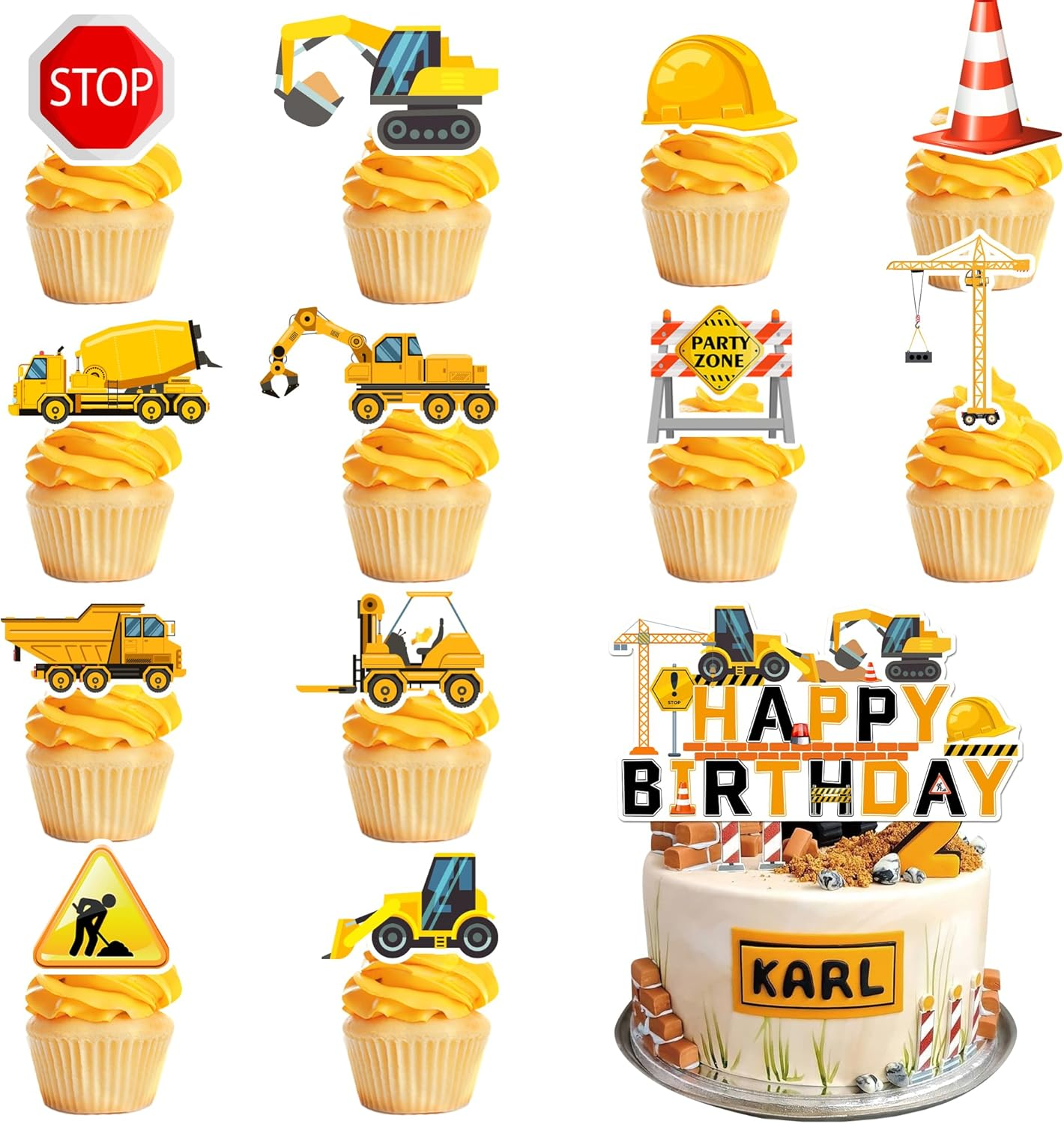 Construction Cake Topper, 13 Pcs Construction Cake Decorations Set Birthday Topper Excavator Cupcake Toppers for Birthday Supplies image number 3
