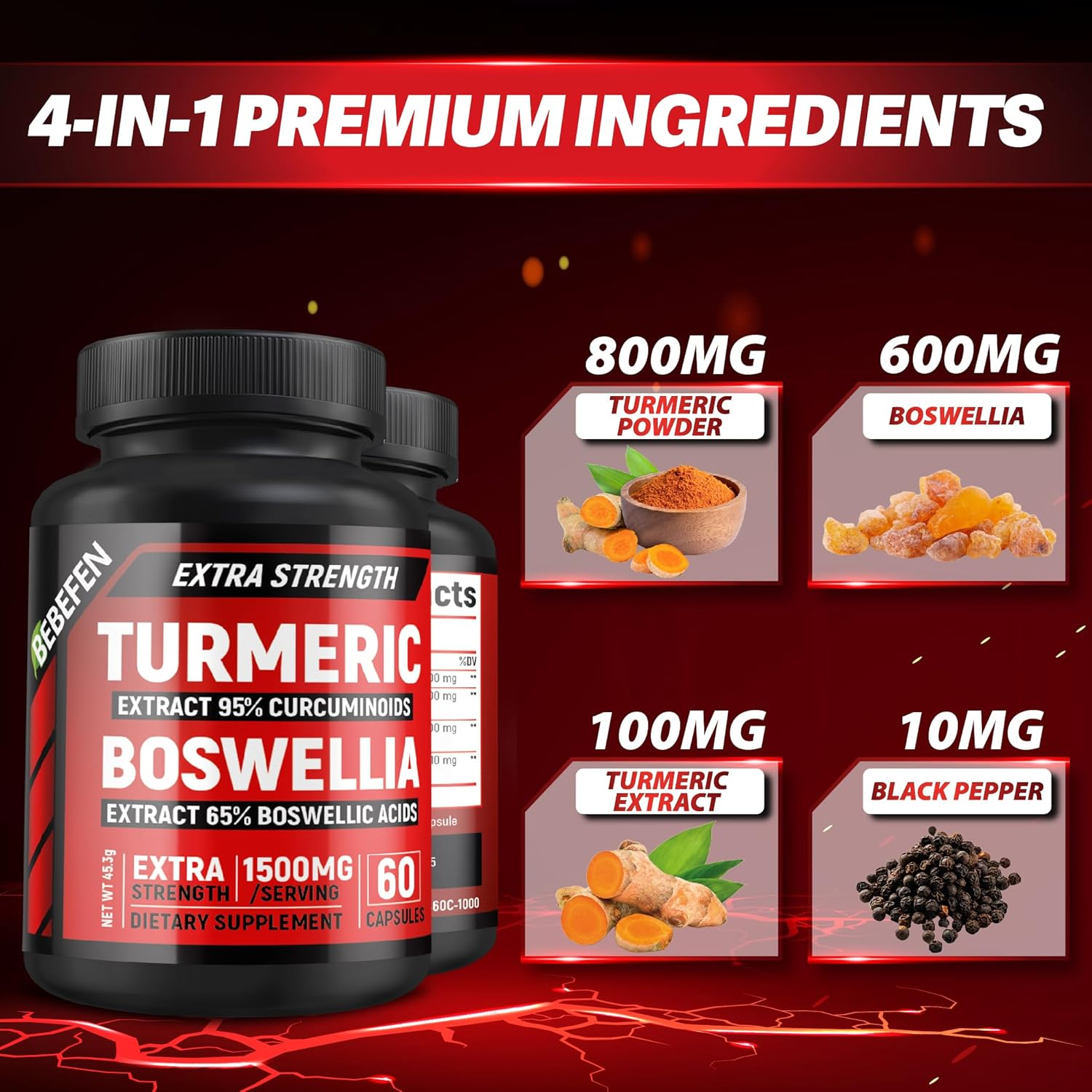 Turmeric Boswellia Extract Supplement - Extra Strength Boswellia Serrata with Turmeric Curcumin - 95% Curcuminoids and 65% Boswellic Acid - Vegan Pills - 60 Tumeric Caps image number 4