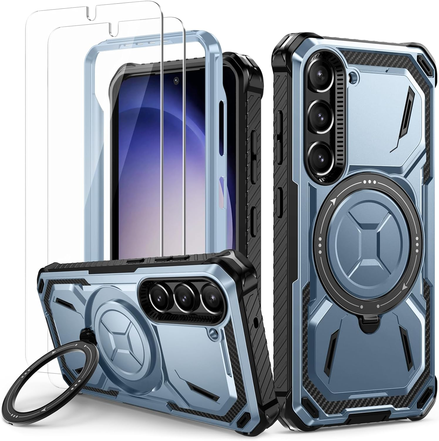 Lanhiem Case for Samsung Galaxy S22 with 2 Pieces Tempered Glass, 360&deg; Ring Stand Protective Case, Military Shockproof Mobile Phone Case for Samsung S22, Blue image number 2