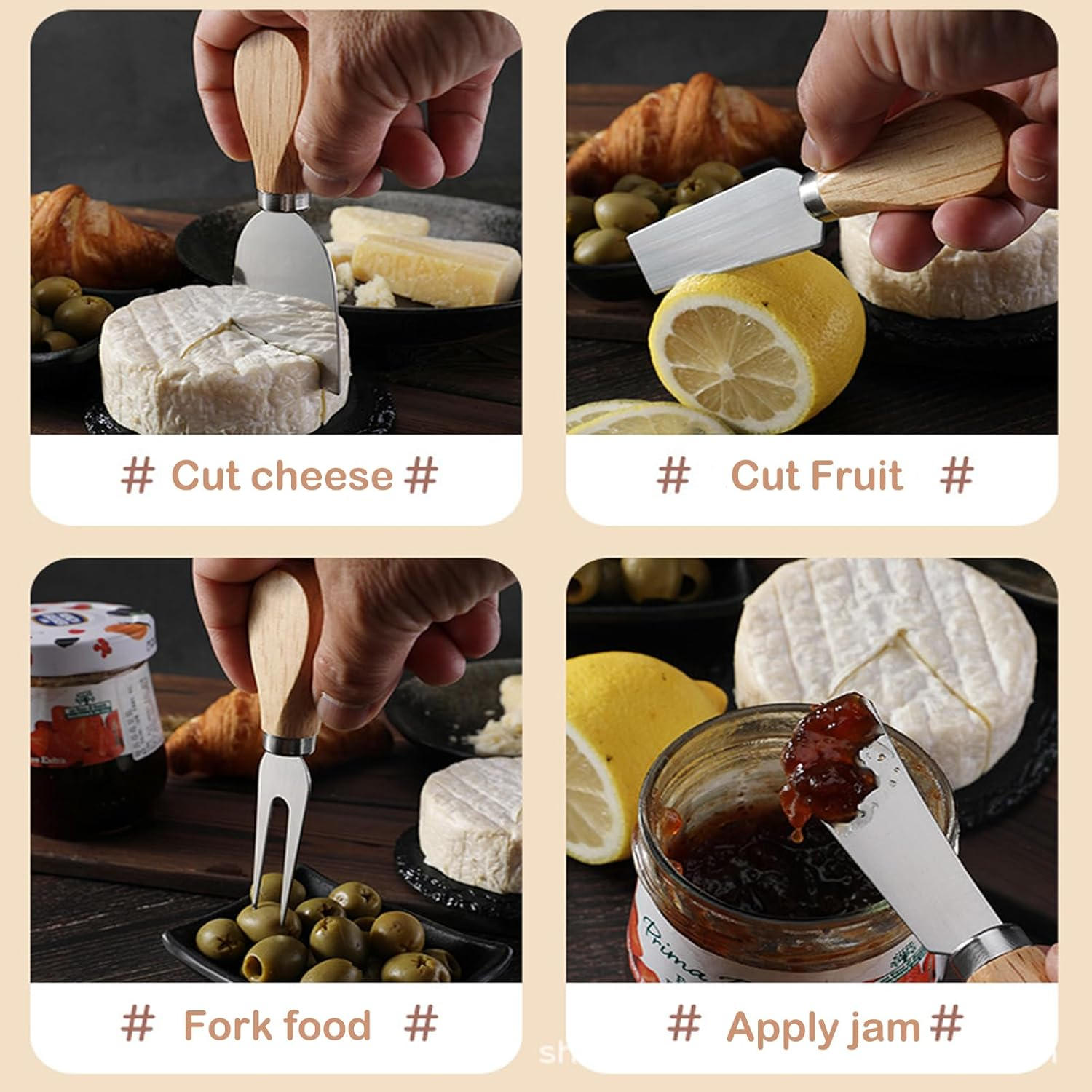 6 Piece Set of Oak Handled Cheese Kniveswooden Handle Cheese Knife Set for Charcuterie Board, Mini Steel Stainless Cheese Cutter,Cutlery Gift Set image number 2