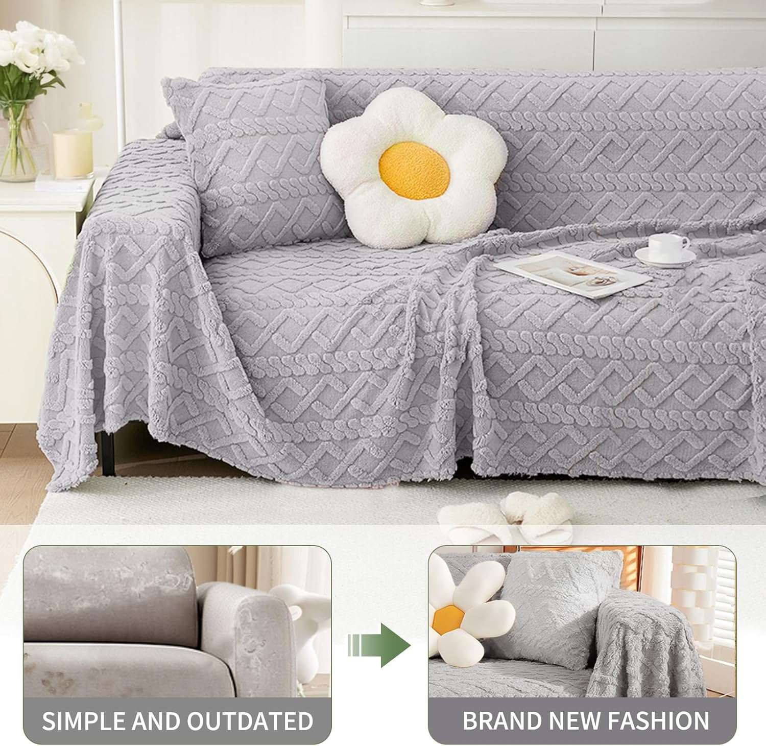 Ksriylm Light Grey Fluffy Sofa Covers Chenille Couch Covers for 3 Cute Couch Cushion Covers Pet Protector Winter Couchcover Loveseat Cover Multi-Functional Throwcover, 180 * 300CM(71" X118") image number 3