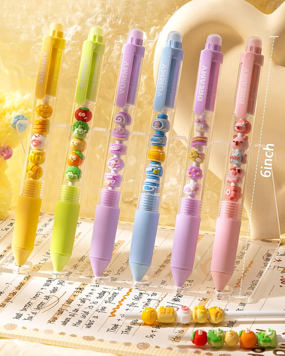 6 Pack Cute Cartoon Gel Pens, 0.5Mm Fine Point Quick Dry Black Ink Smooth Writing Pens, Retractable Ballpoint for Journaling Planner(Funny Animals Fruits Snacks DIY Designs) image number 4