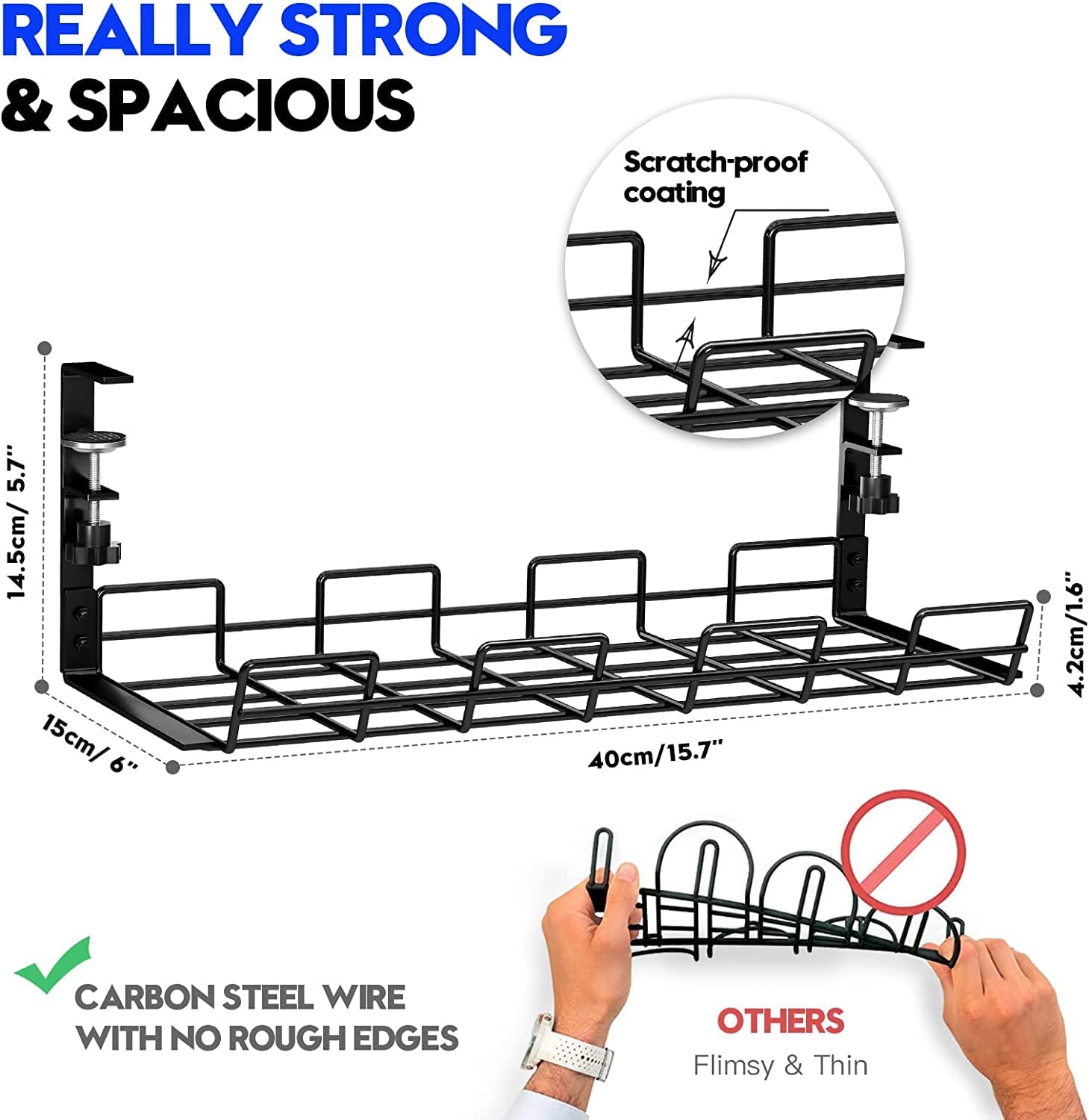 Under Desk Cable Management Tray - 2 Pack Metal Racks for Wire Organizer, Sturdy Basket for Office and Home Standing Desk, No Drilling image number 2