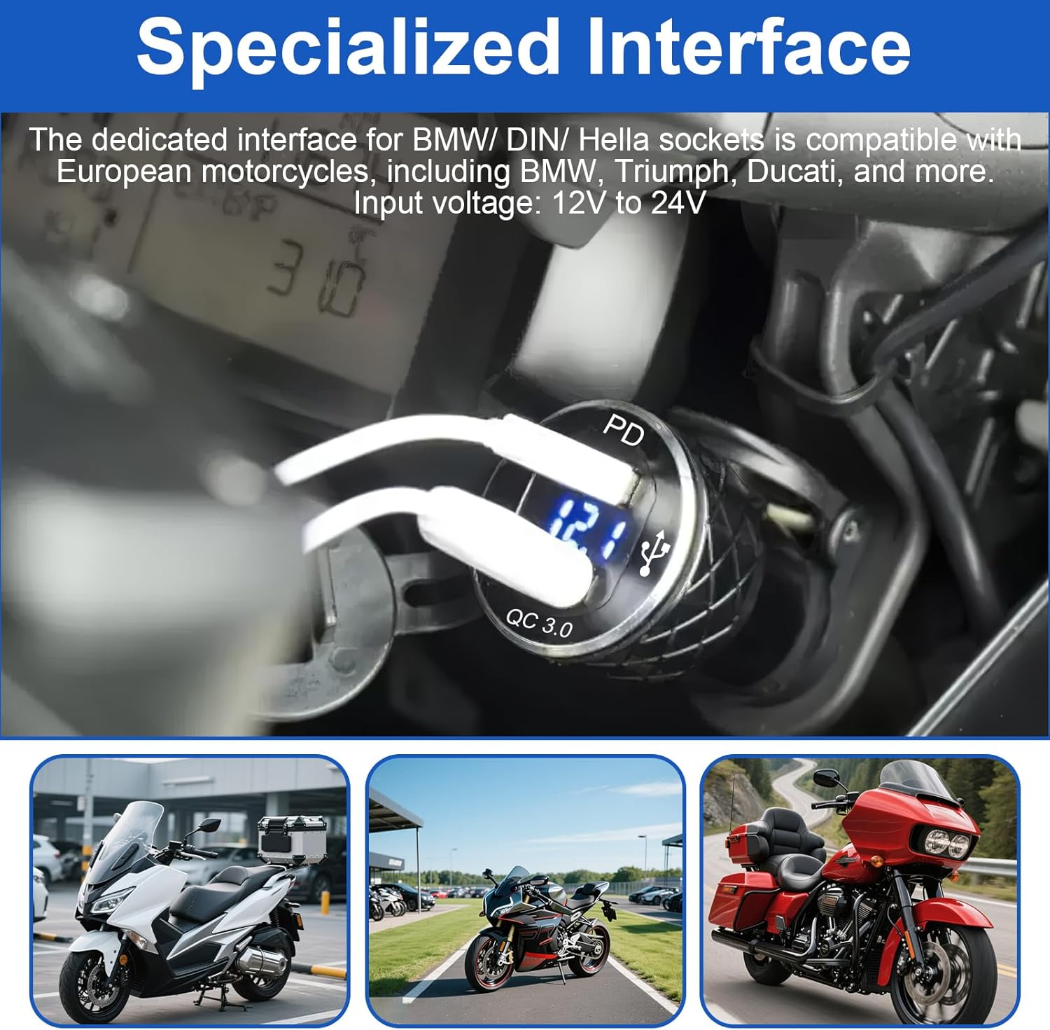 USB C Motorcycle DIN Charger, 30W PD3.0 and 18W QC3.0 Dual USB DIN Hella Socket with LED Voltmeter, Waterproof Aluminum Cigarette Lighter Adapter Plug for Motorcycle 12V/24V BWM Ducati image number 2