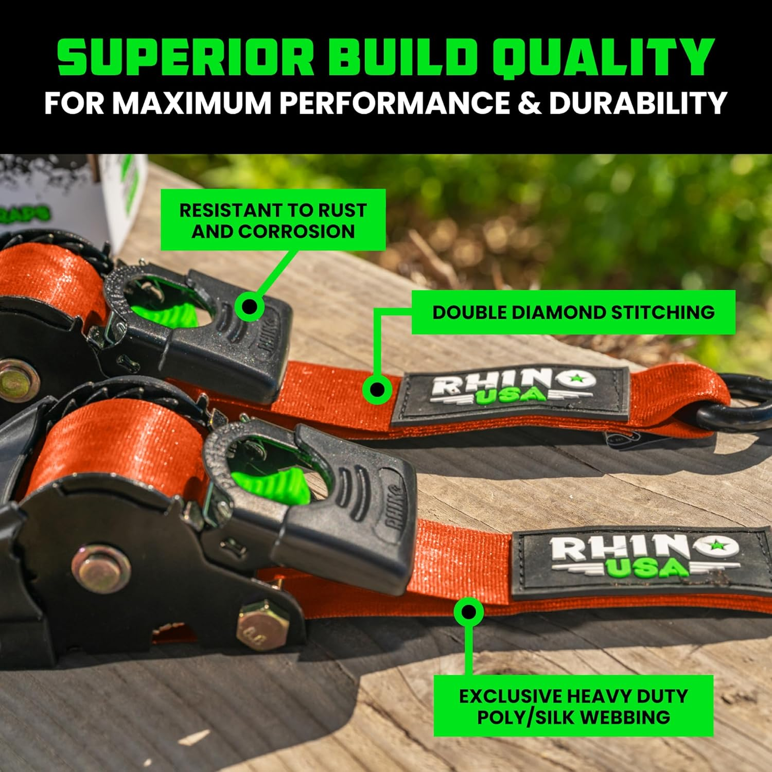 Rhino USA Retractable Ratchet Tie down Straps (Pack of 2) - 3000Lb Break Resistance Including (2) 2" X 10Ft Self Retracting Tie down Straps - Orange image number 3