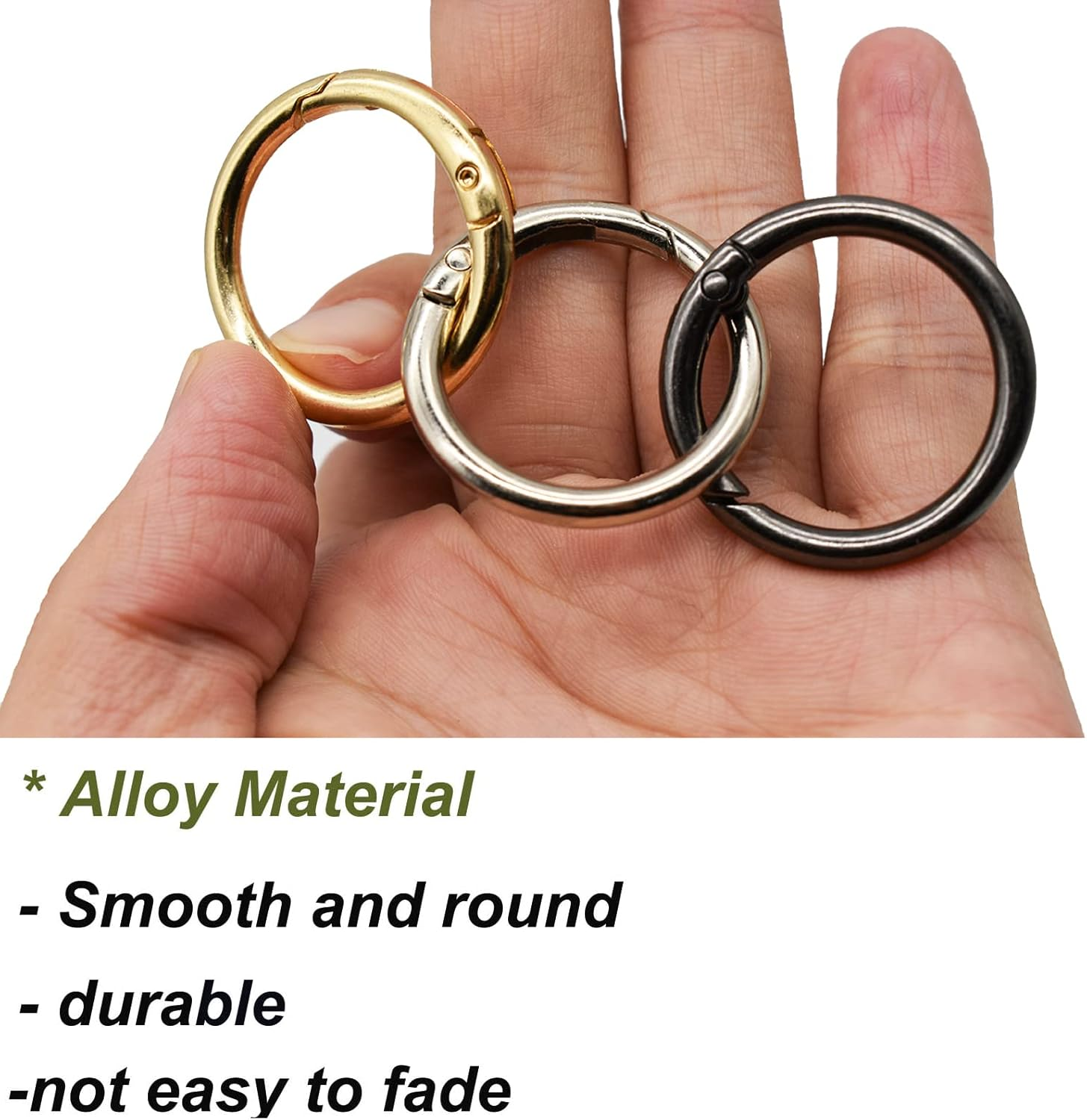 Maydahui 24PCS Spring O Ring Zinc Alloy Spring Clip 4 Size (0.8,0.98,1.1,1.3Inch) 3 Colors round Carabiner Snap Hook Key Ring Circle Trigger Rings Multi-Purpose for Handbag Purse Dog Leashes (Gold, Silver, Black) image number 4