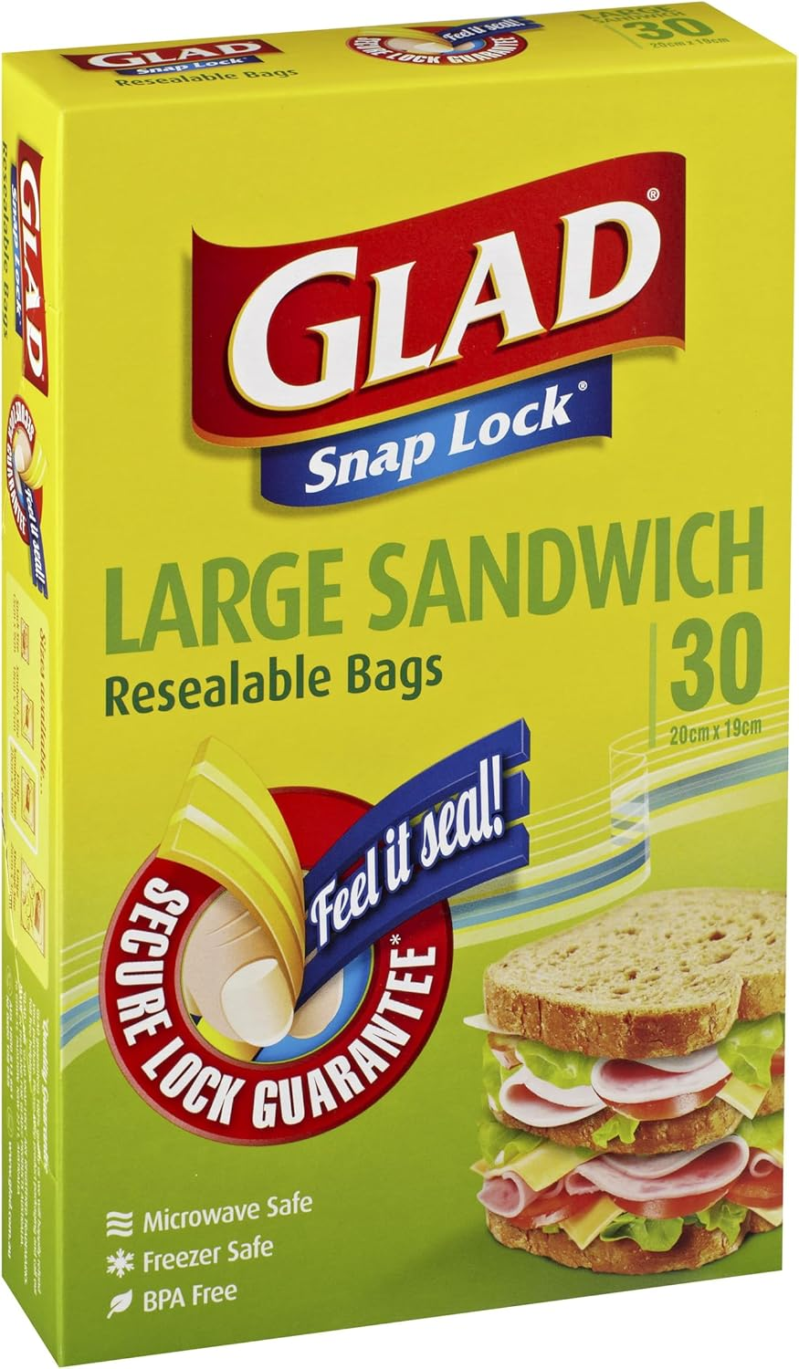 Glad Snap Lock Resealable Large Sandwich Bags, BPA Free, Microwave & Freezer Safe, 30 Count