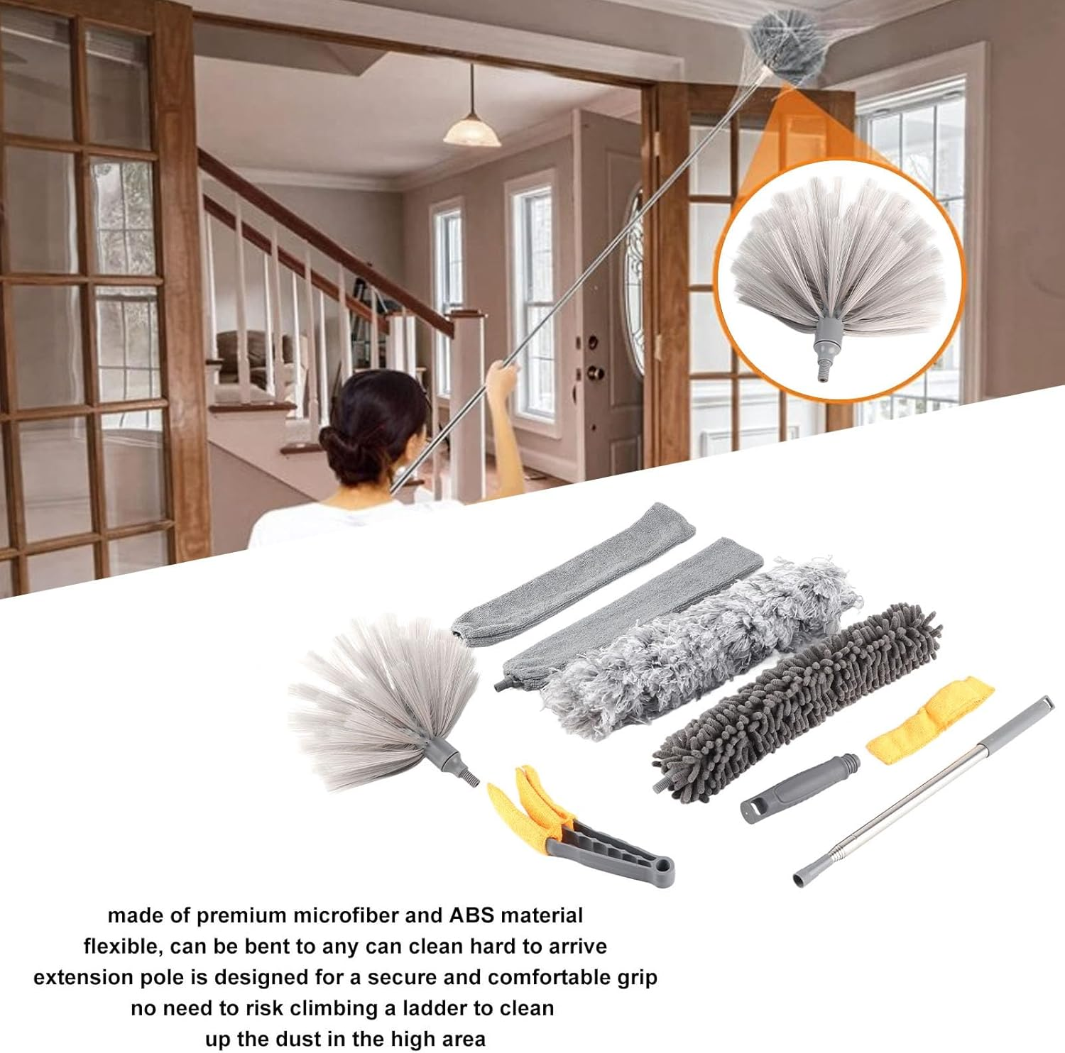 9Pcs Microfiber Duster Kit Extendable Plume Duster House Cleaning Tool for Ceiling Fan Car