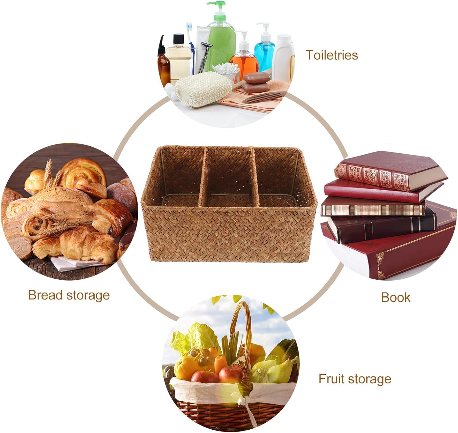 ULTECHNOVO Seagrass 3-Compartment Storage Basket with Dividers, Hand-Woven Long Organizer Basket for Bathroom and Kitchen Counter, 28.5&times;18.5&times;13Cm High Storage Bin image number 2