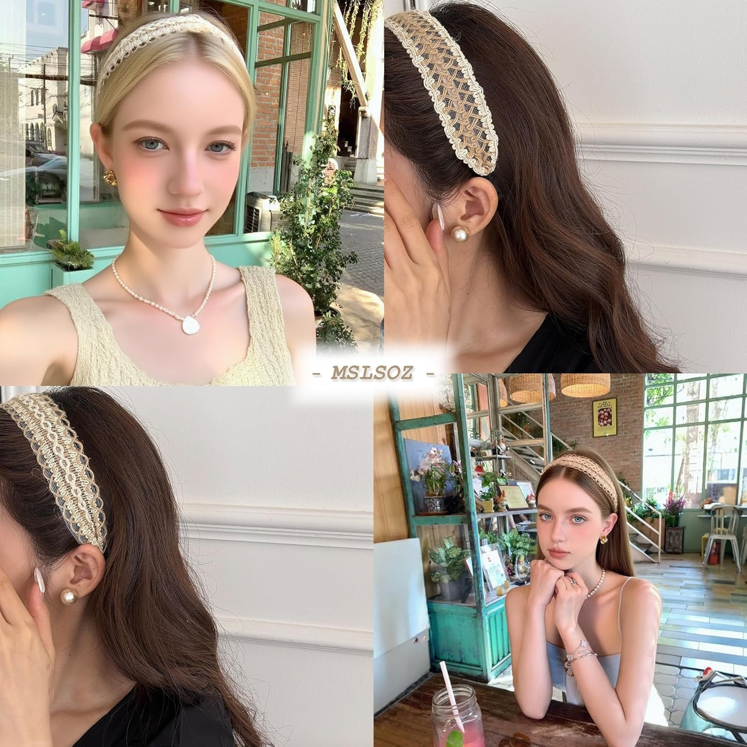 MSLSOZ Woven Boho Headband Set, 3Pcs Metal Headband with Fabric Wrap, Natural Hair Accessories for Women, Hair Decor for Beach Vacations & Gifts (Khaki)