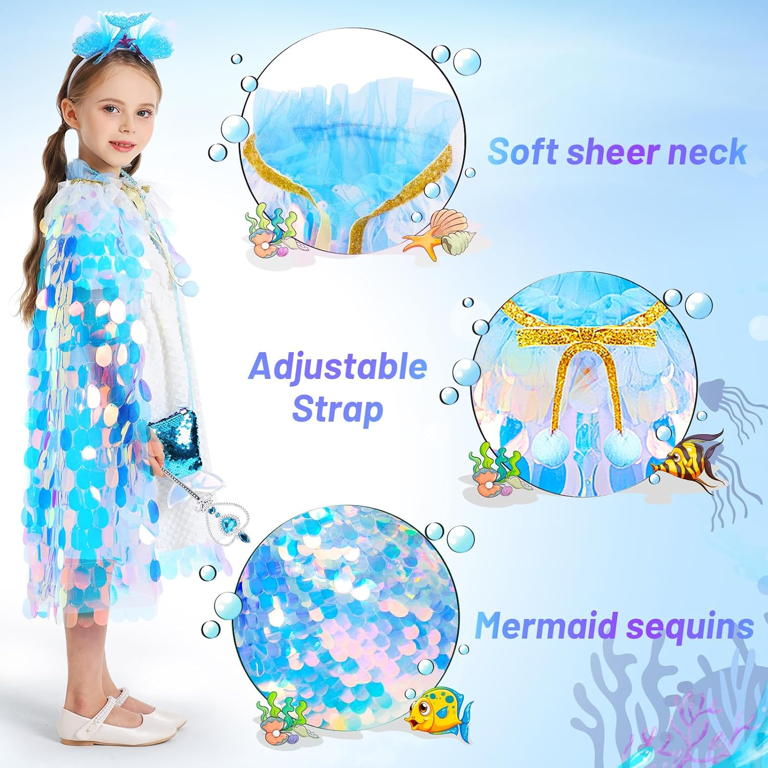 Princess Dress up Toys Princess Dress up Clothes Rainbow Mermaid Cape Kit 9 Pcs Gift Set for Little Girls 3-8 Years Old (Blue) - 7 - Light Up Rainbow Multi-Color image number 3