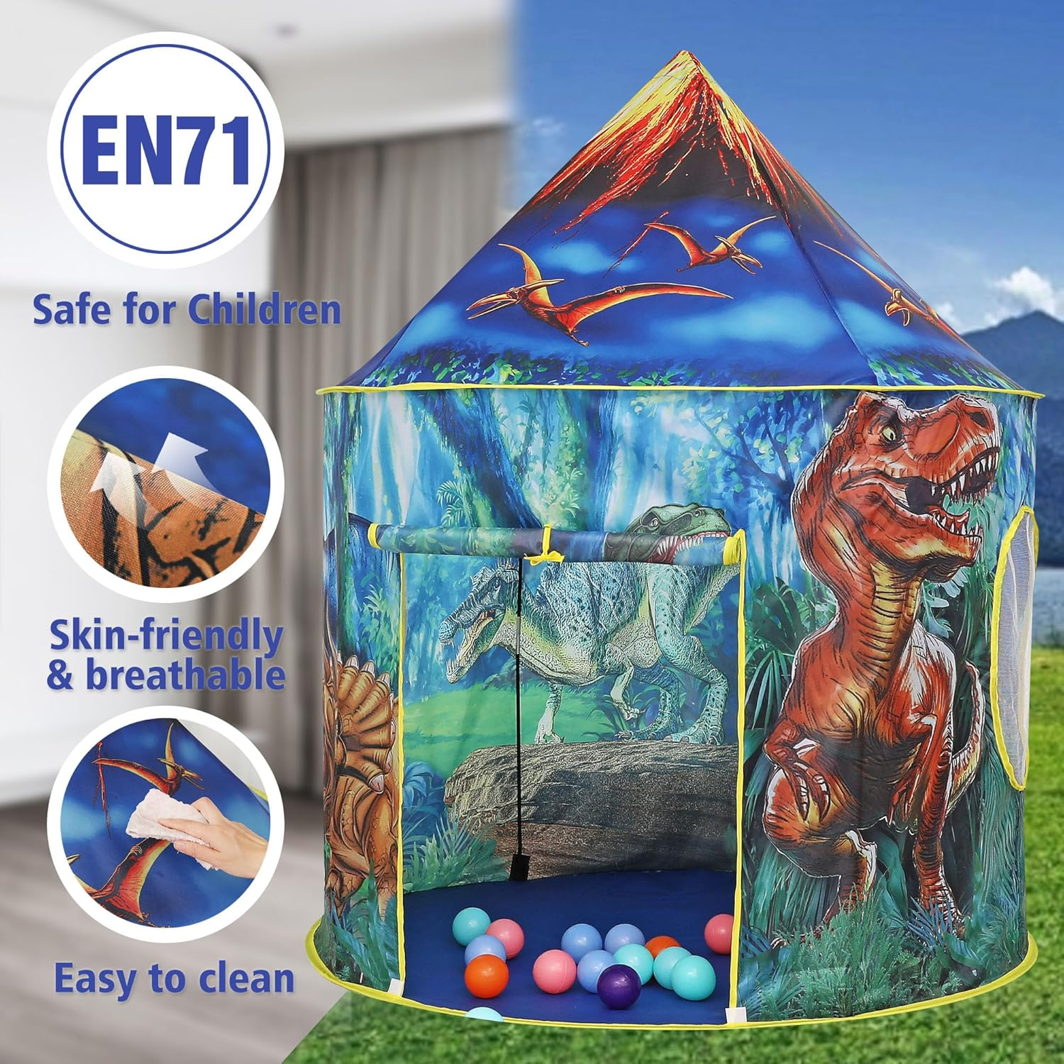 Kids Play Tent Kids Teepee Tent Dinosaur Castle Play Tent Pop up Tent Children Playhouse for Indoor Outdoor Portable Playhouse Boys & Girls Birthday Gift image number 6