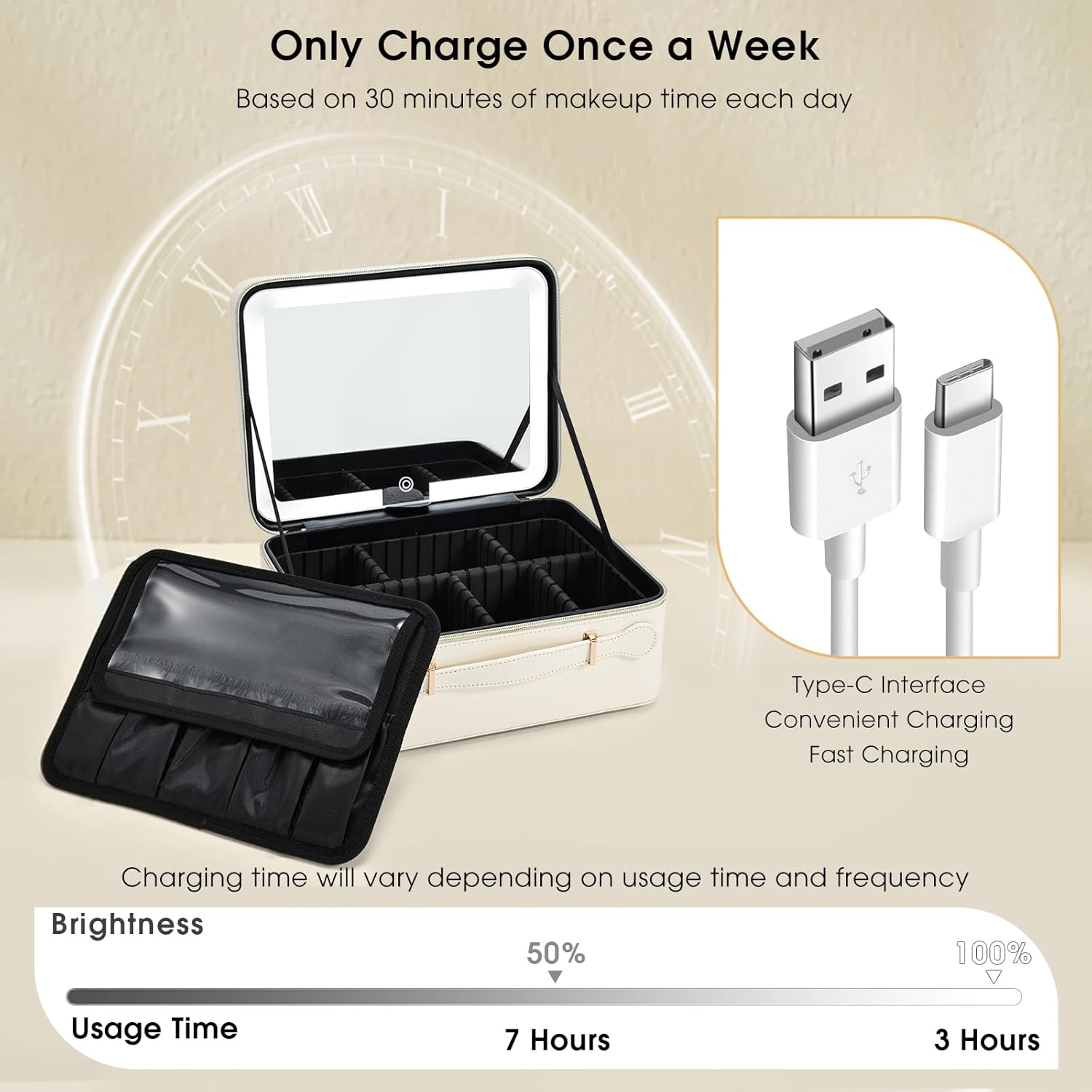 Large Makeup Case with LED Mirror Vanity Case Removable Light up Mirror PU Leather Portable Makeup Artist Carry Vanity Box with Dividers Makeup Brush Holder, White, Minimalist image number 4