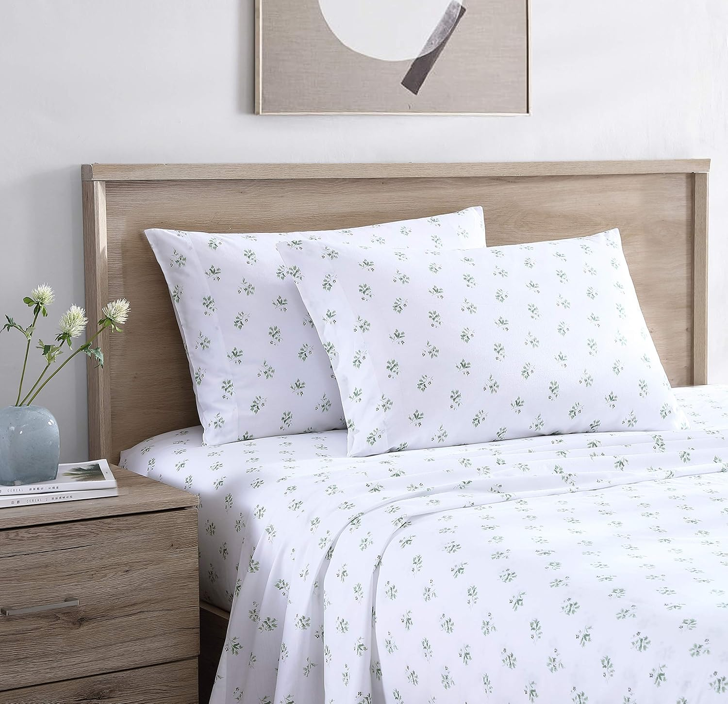 Stone Cottage - Queen Sheets, Cotton Percale Bedding Set, Crisp & Cool Home Decor (Green Sketchy Ditsy, Queen)
