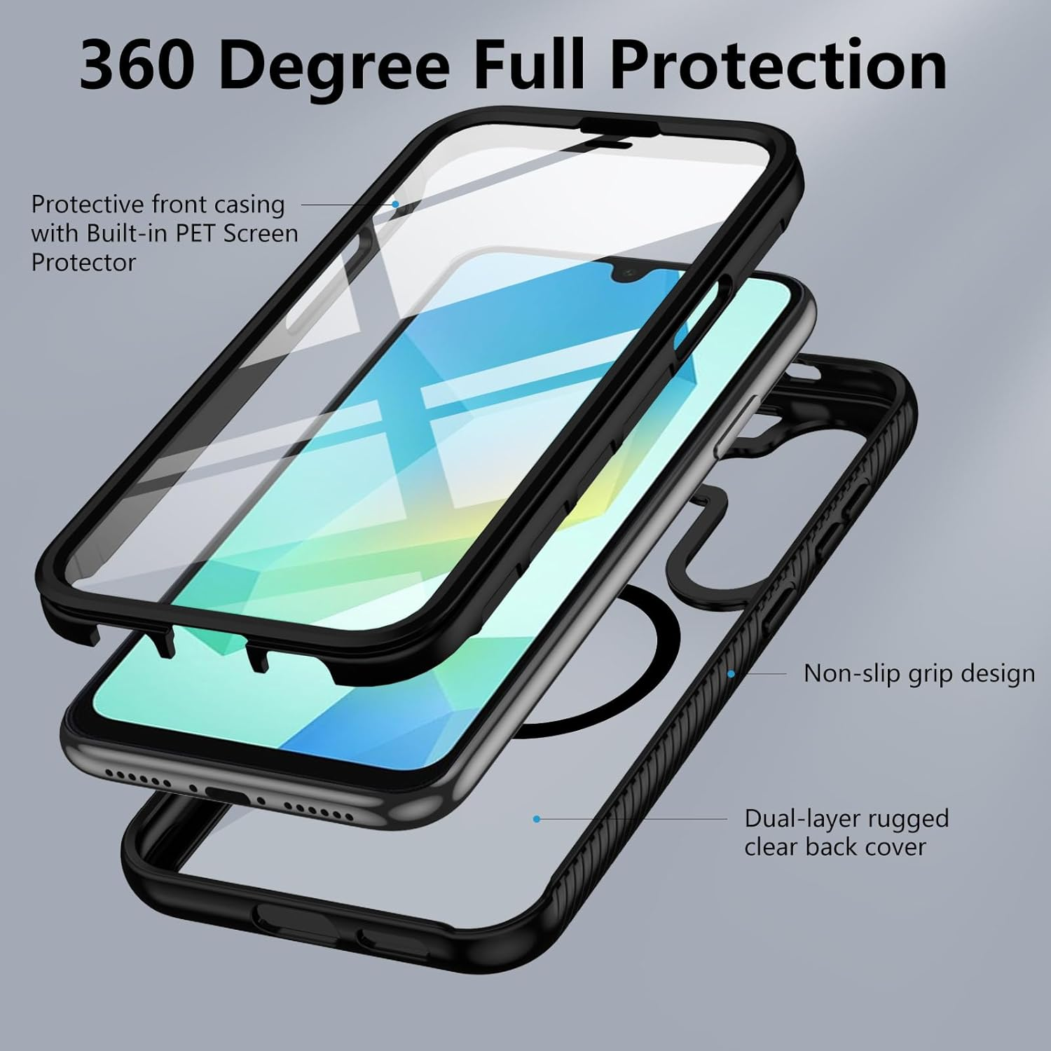 XTCASE Case for Samsung Galaxy A17 / A26 / A16 Magnetic Compatible with Magsafe, 360 Degree Full Body Protective Case with Built-In Screen Protector, Black image number 2