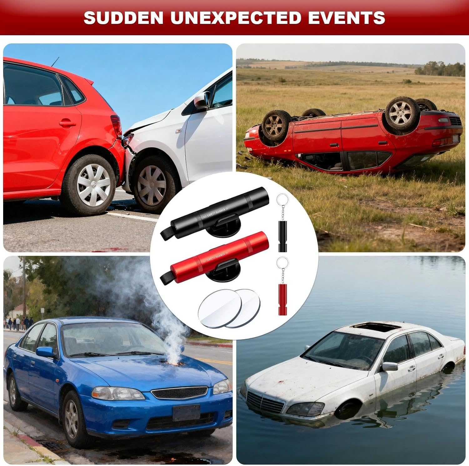 Safe Hero Life Hammer, 2 Pack 2-In-1 Car Window Breaker with Holder, Testing Glass & Survival Whistle, Life Hammer with Seatbelt Cutter for Car Safety, Red and Black image number 4