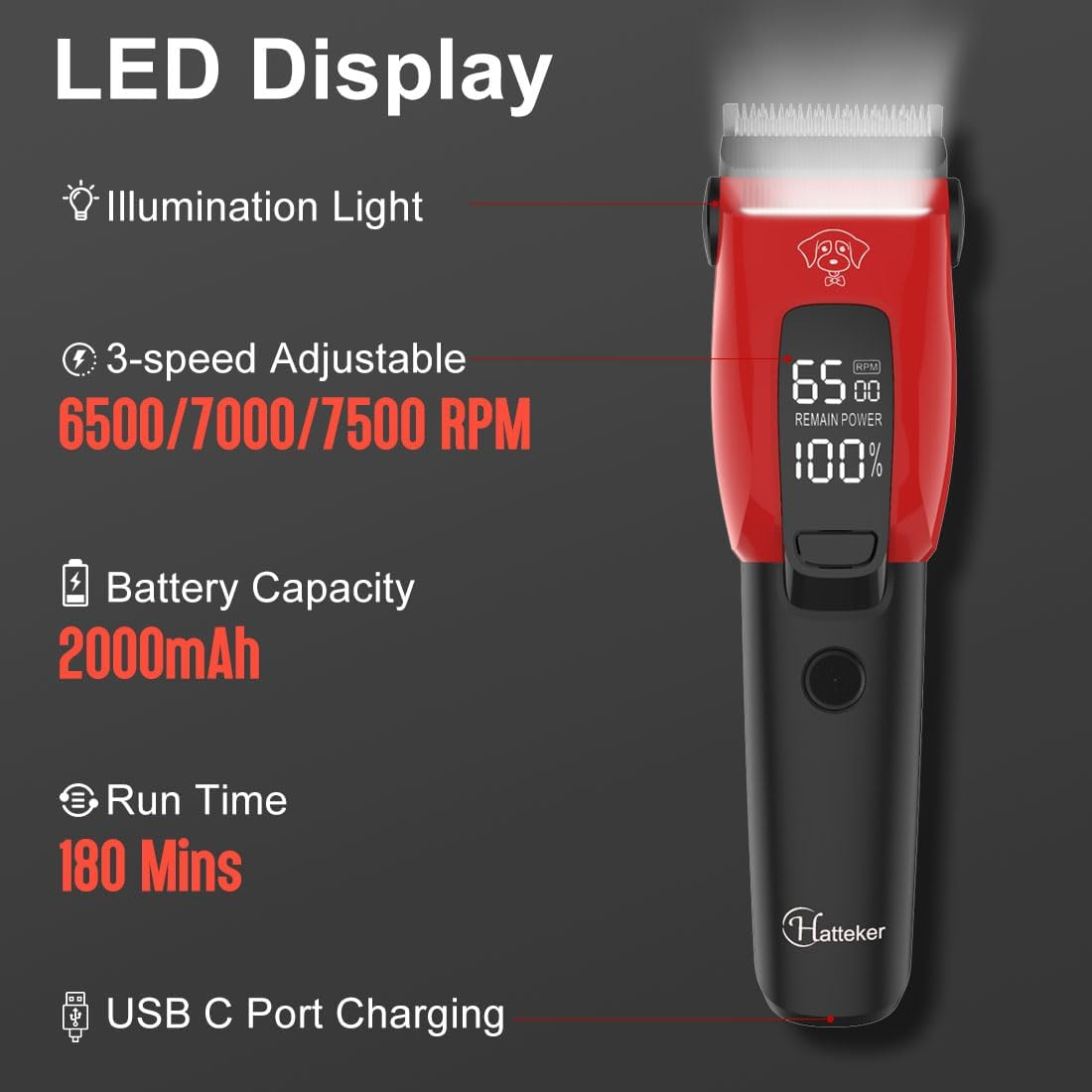 Hatteker Dog Clippers Professional Electric Pet Hair Trimmer with 7500 RPM Clippers Dog Cat Cordless Dog Trimmer Auxiliary Light image number 6