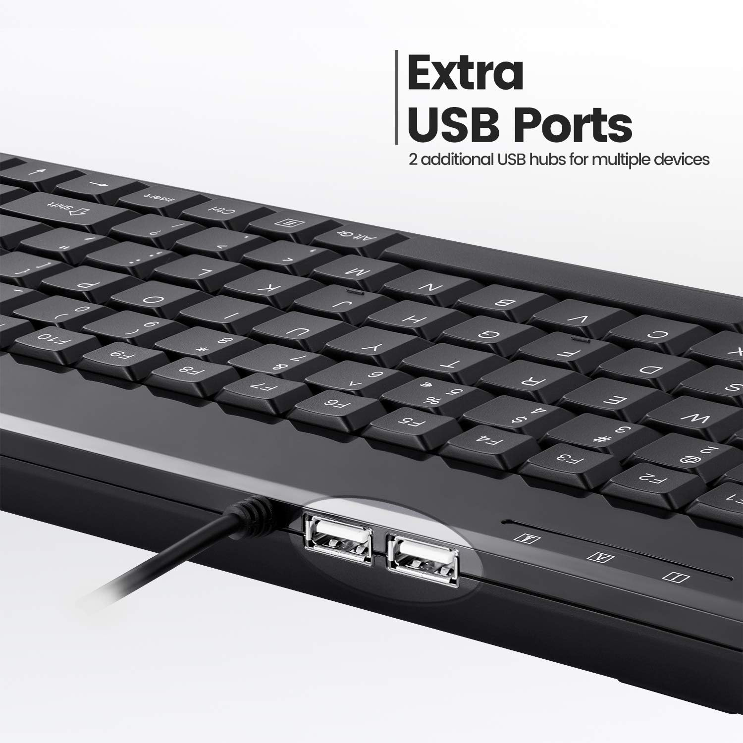 Perixx PERIBOARD-409H Wired USB Mini Keyboard with 2 USB Hubs, Black, US English Layout image number 4