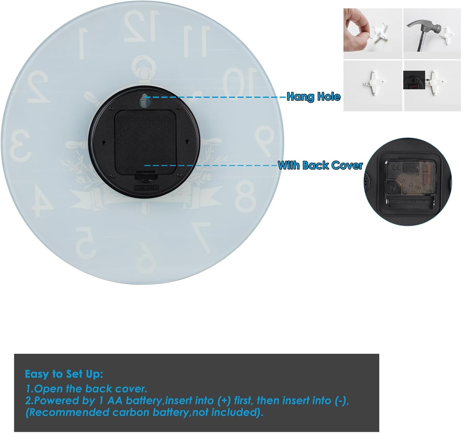 14 Inch Outdoor Clock, Waterproof Indoor/Outdoor Wall Clock with Beach Coastal Theme Large Glass Clock for Patio, Pool, Garden Decor -Blue