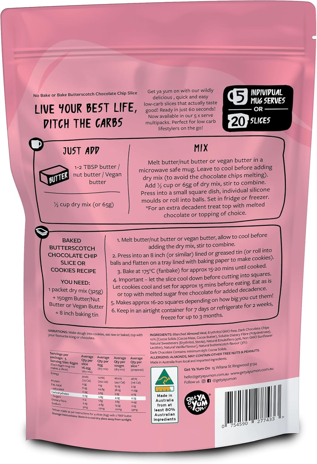 Get Ya Yum on 60 Second Butterscotch Chocolate Chip Slice (NO BAKE or BAKE) 325G VALUE PACK: SUGAR FREE, LOW CARB (KETO FRIENDLY) GLUTEN FREE, VEGAN FRIENDLY, PLANT BASED image number 1